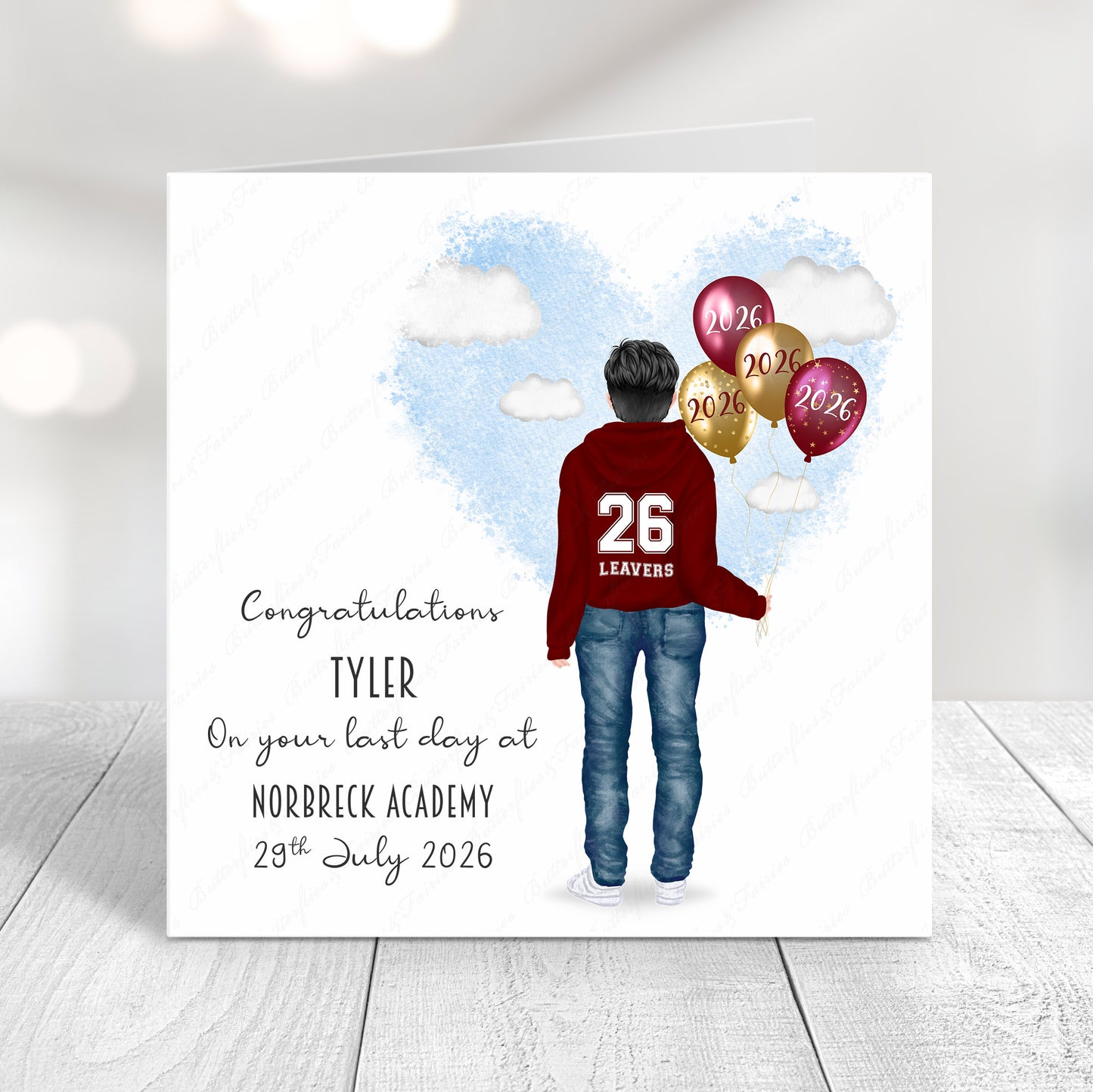 Personalised School Leaver Card 2026 – Boy with Burgundy Leavers Hoodie | Last Day of School Card