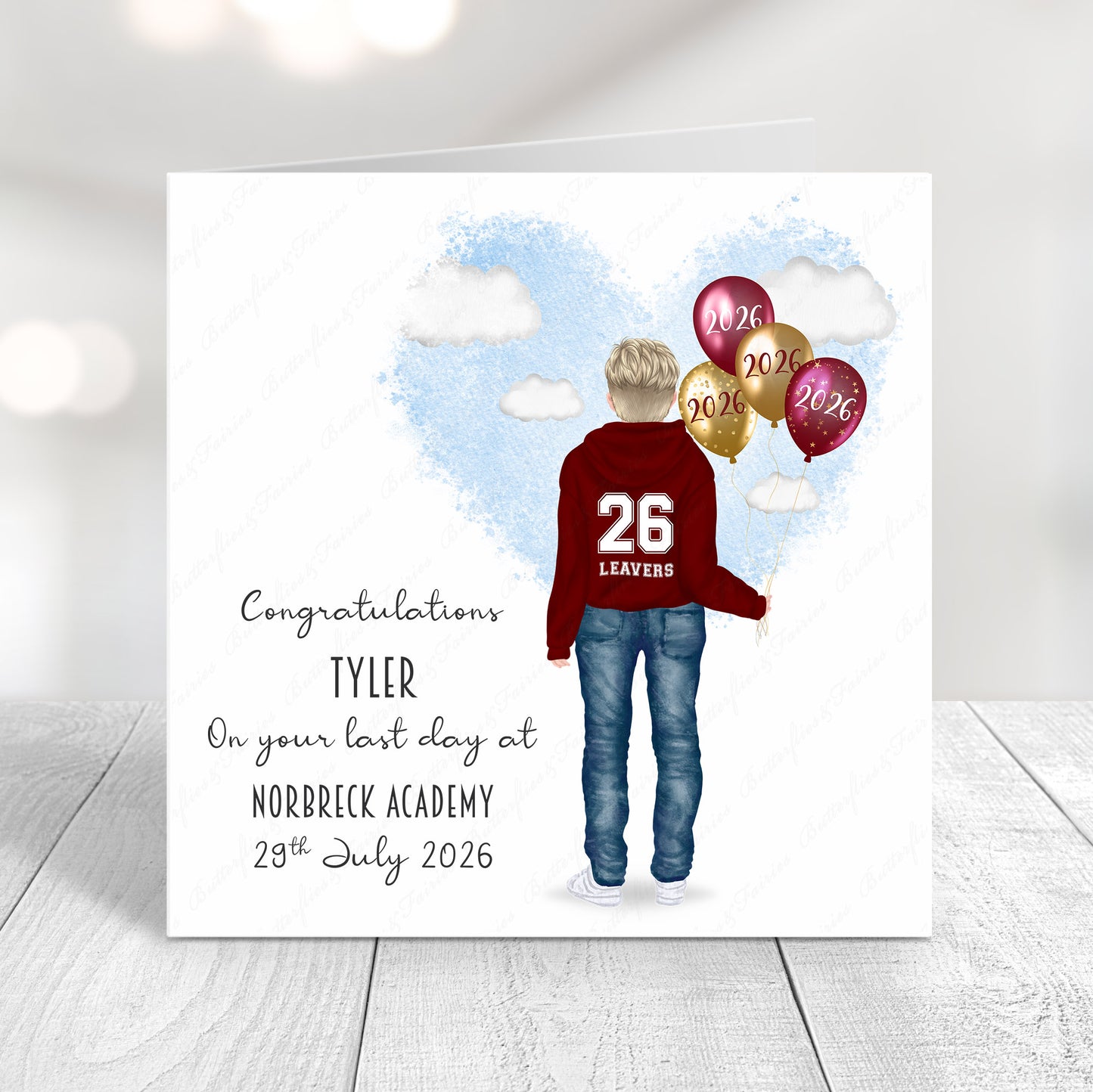 Personalised School Leaver Card 2026 – Boy with Burgundy Leavers Hoodie | Last Day of School Card