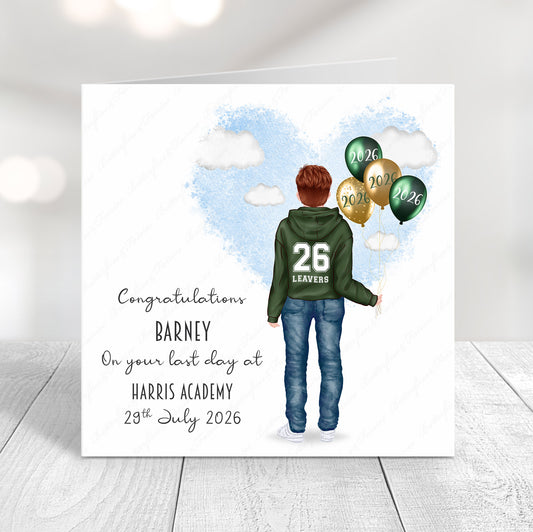 Personalised School Leaver Card 2026 – Boy with Green Leavers Hoodie | Last Day of School Card