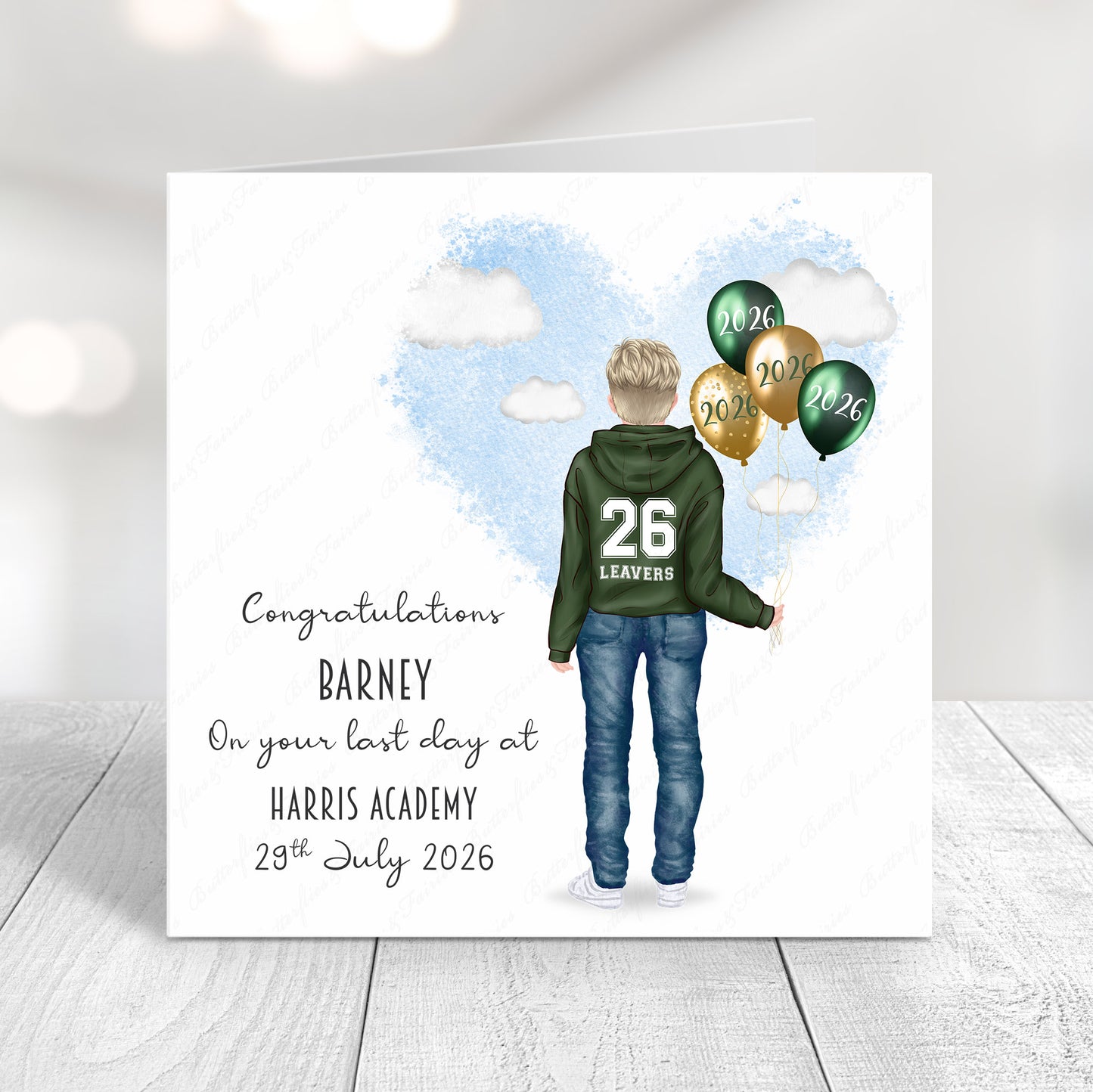 Personalised School Leaver Card 2026 – Boy with Green Leavers Hoodie | Last Day of School Card