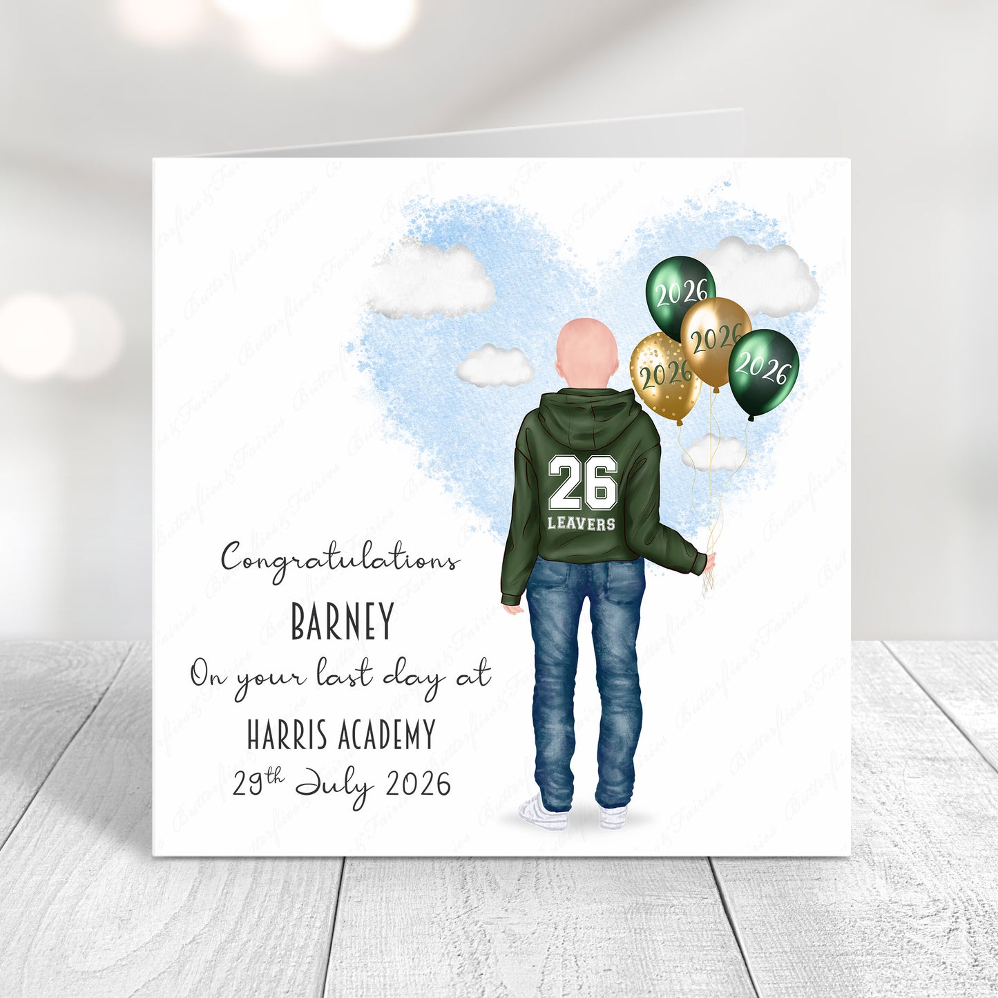 Personalised School Leaver Card 2026 – Boy with Green Leavers Hoodie | Last Day of School Card
