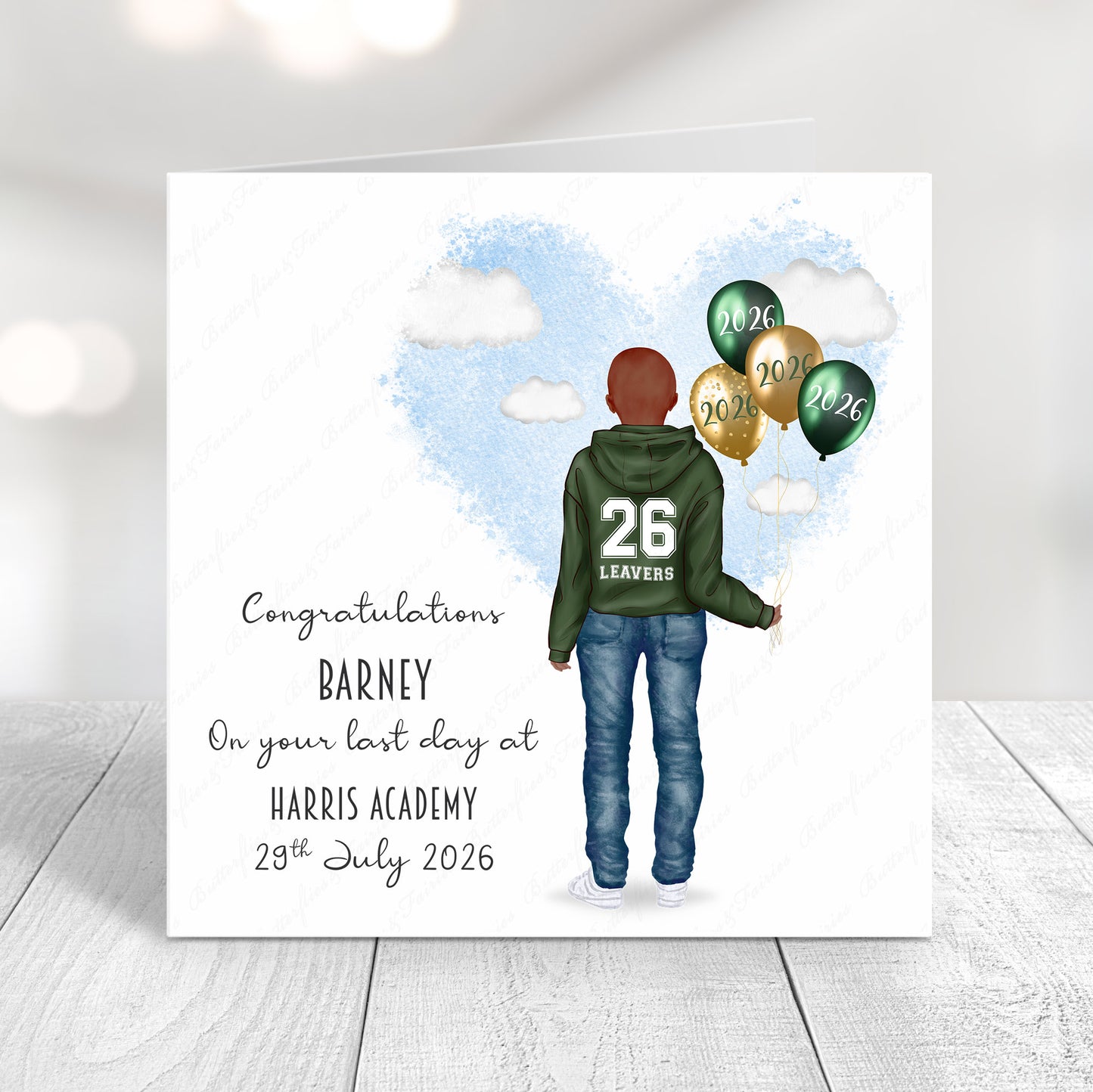 Personalised School Leaver Card 2026 – Boy with Green Leavers Hoodie | Last Day of School Card