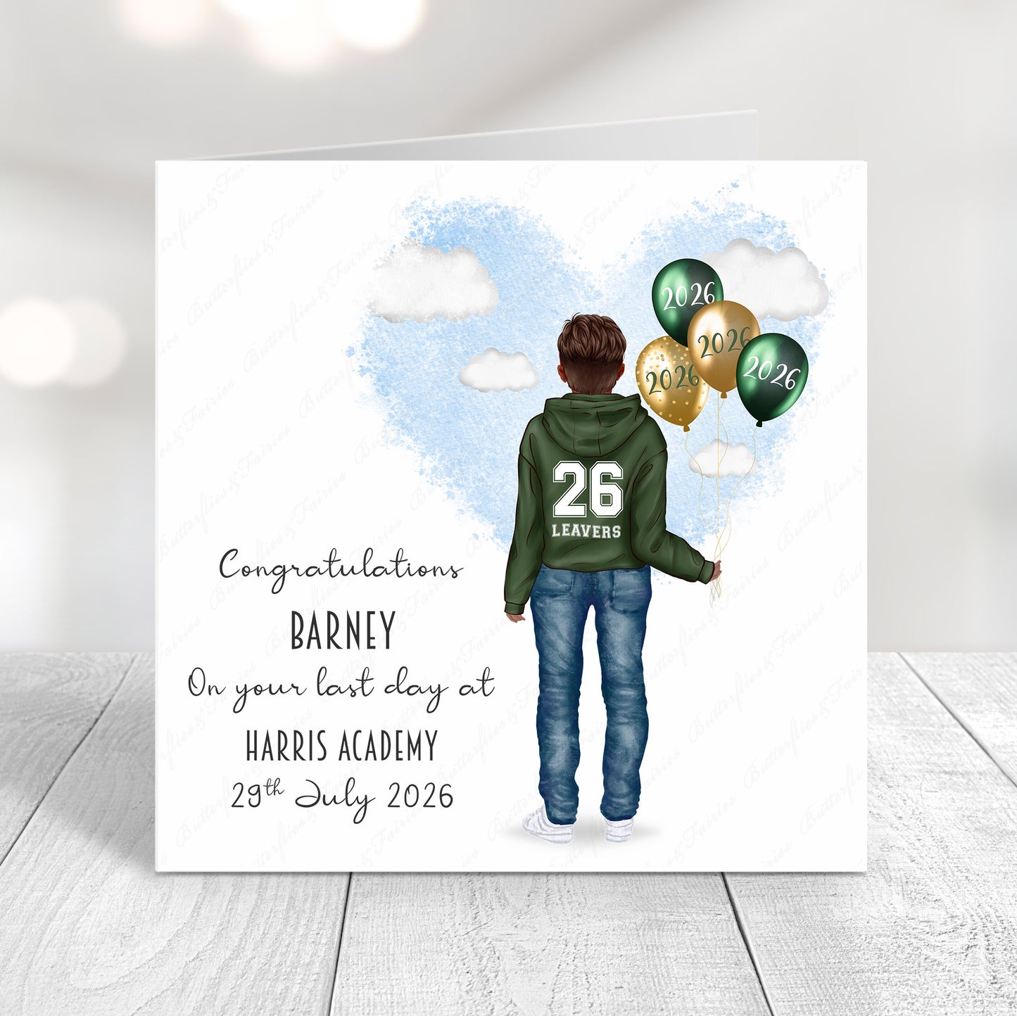 Personalised School Leaver Card 2026 – Boy with Green Leavers Hoodie | Last Day of School Card