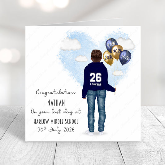 Personalised School Leaver Card 2026 – Boy with Navy Blue Leavers Hoodie | Last Day of School Card