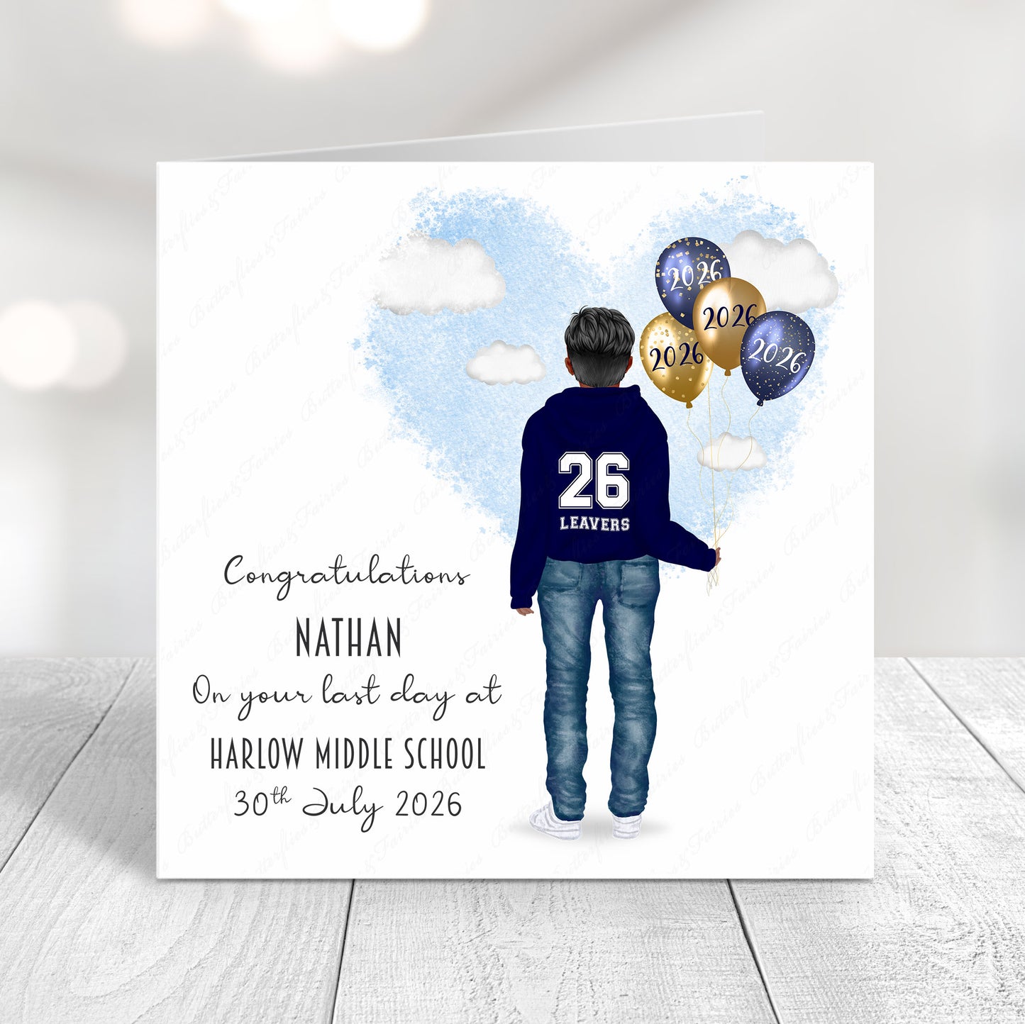 Personalised School Leaver Card 2026 – Boy with Navy Blue Leavers Hoodie | Last Day of School Card