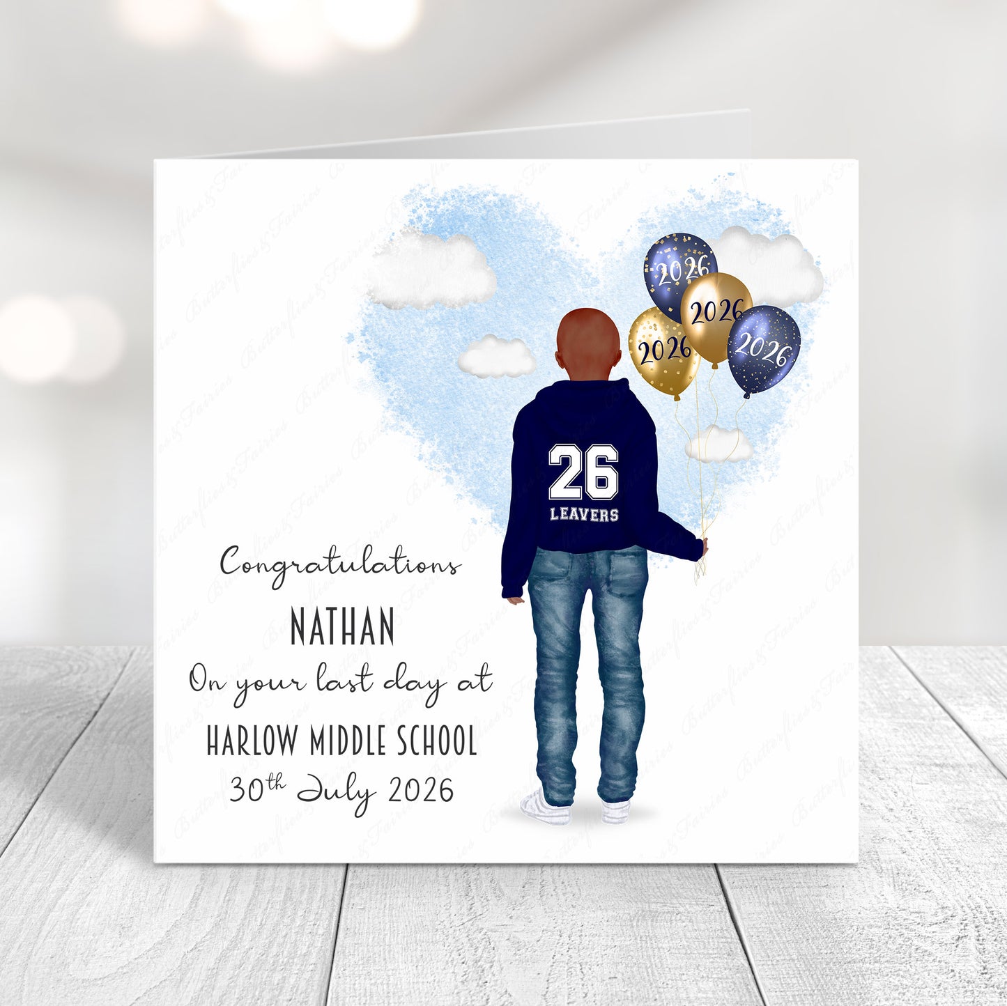 Personalised School Leaver Card 2026 – Boy with Navy Blue Leavers Hoodie | Last Day of School Card