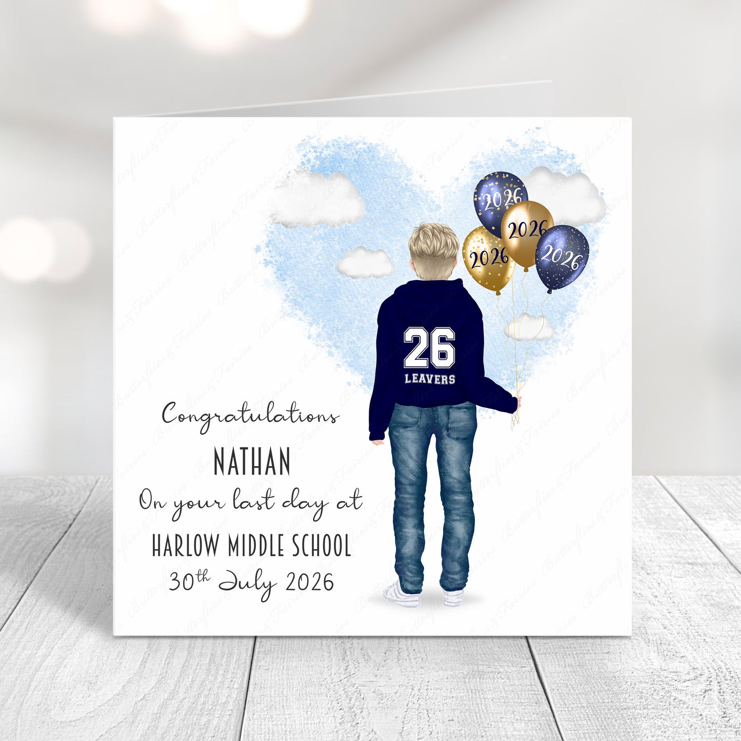 Personalised School Leaver Card 2026 – Boy with Navy Blue Leavers Hoodie | Last Day of School Card