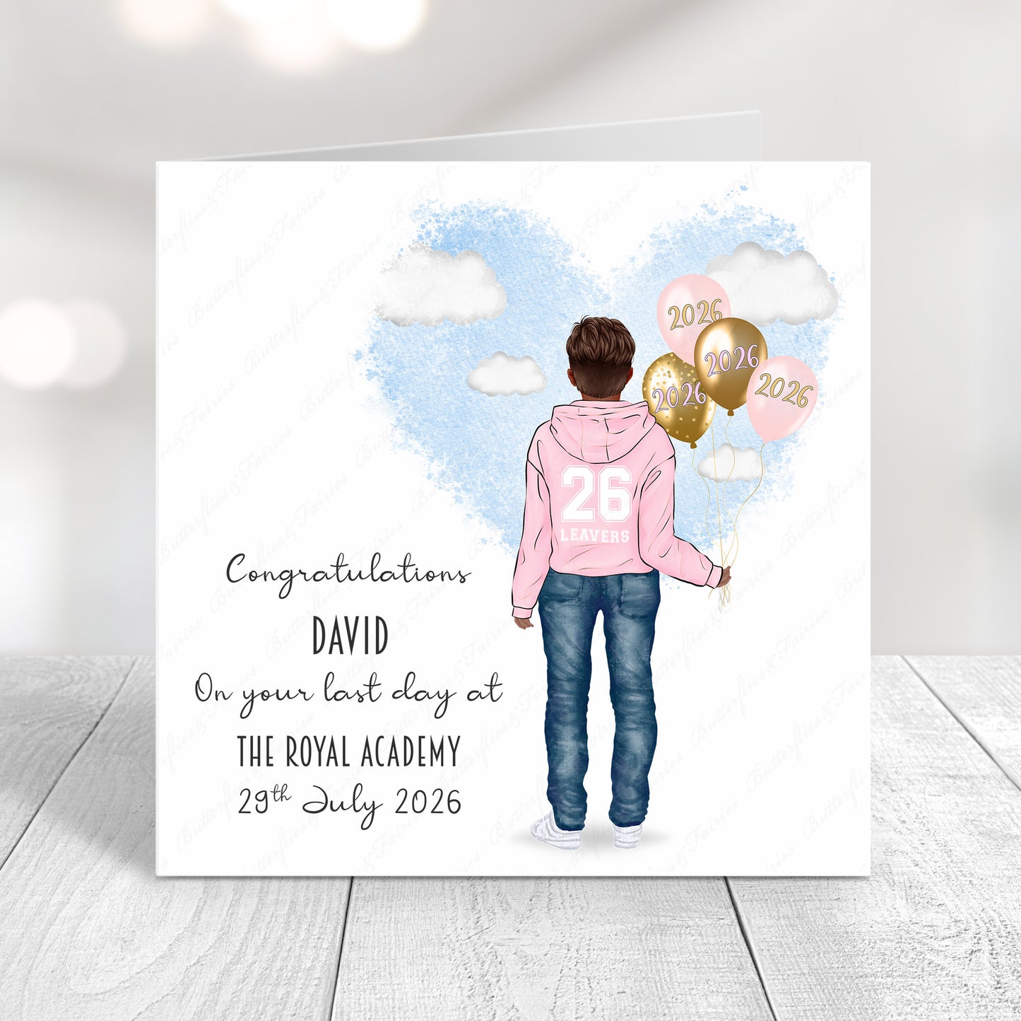 Personalised School Leaver Card 2026 – Boy with Baby Light Pink Leavers Hoodie | Last Day of School Card
