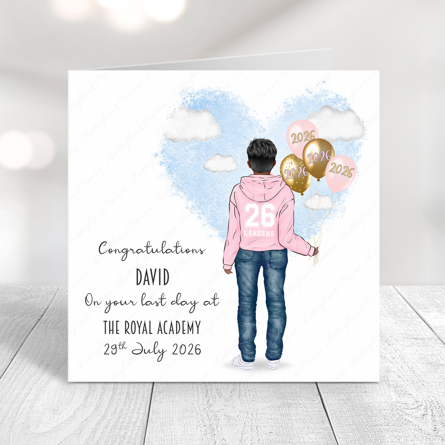Personalised School Leaver Card 2026 – Boy with Baby Light Pink Leavers Hoodie | Last Day of School Card