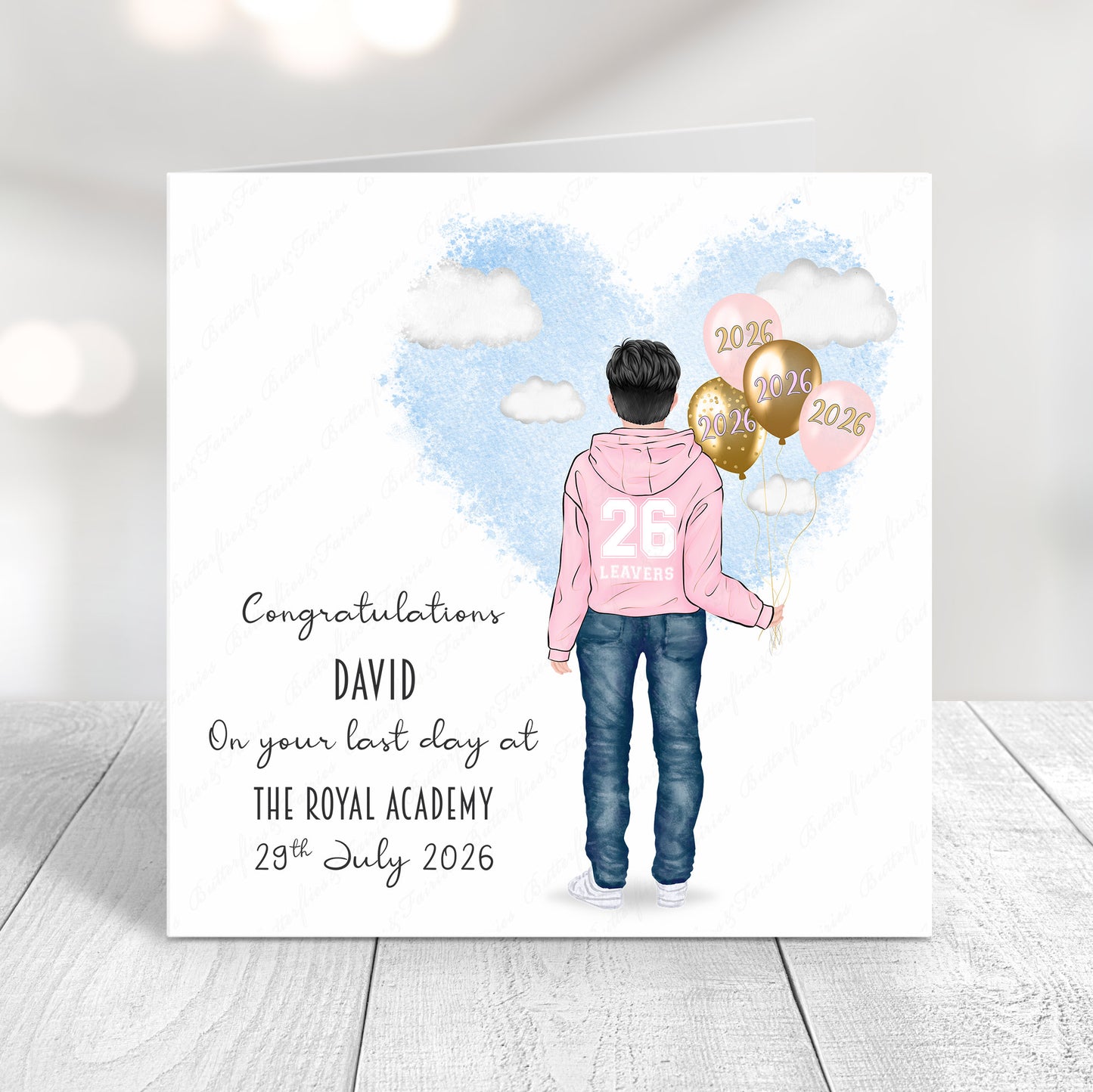 Personalised School Leaver Card 2026 – Boy with Baby Light Pink Leavers Hoodie | Last Day of School Card