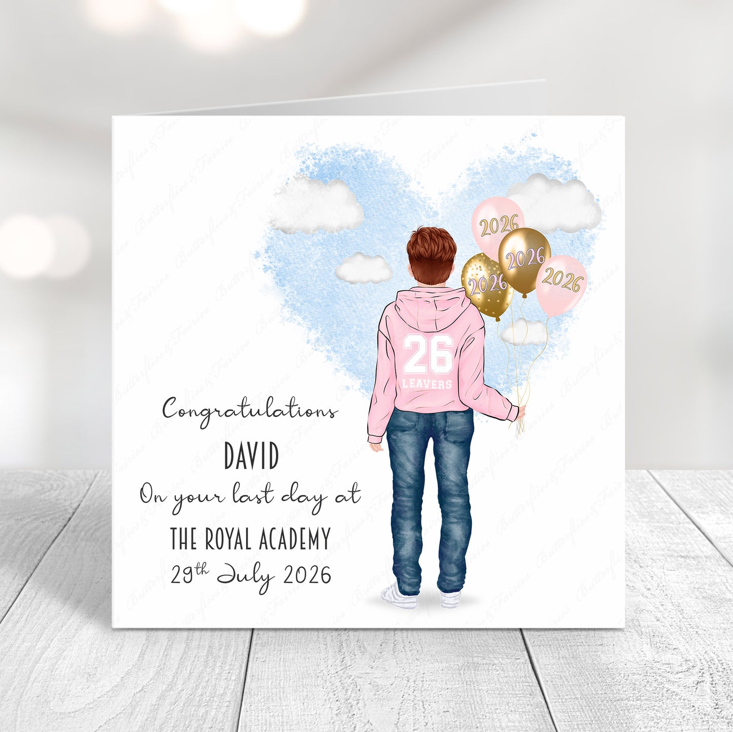 Personalised School Leaver Card 2026 – Boy with Baby Light Pink Leavers Hoodie | Last Day of School Card