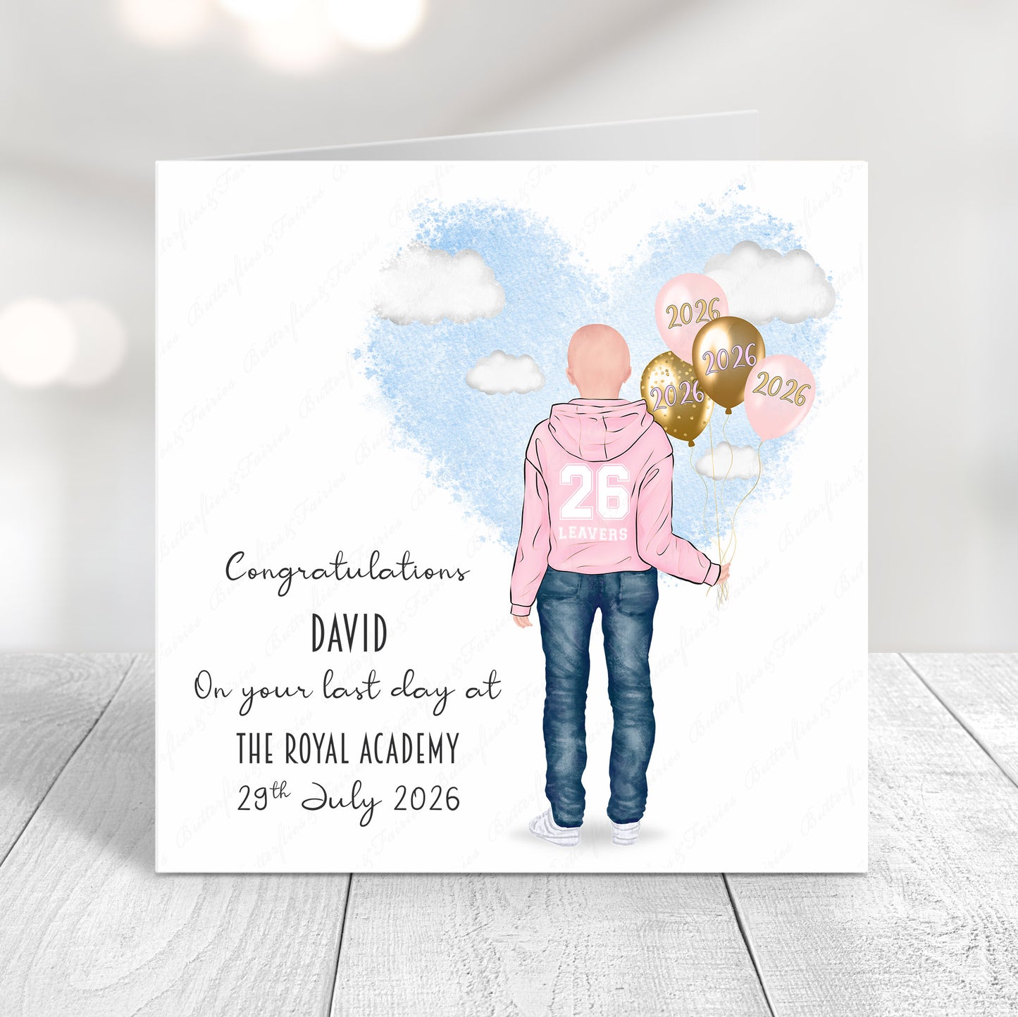 Personalised School Leaver Card 2026 – Boy with Baby Light Pink Leavers Hoodie | Last Day of School Card
