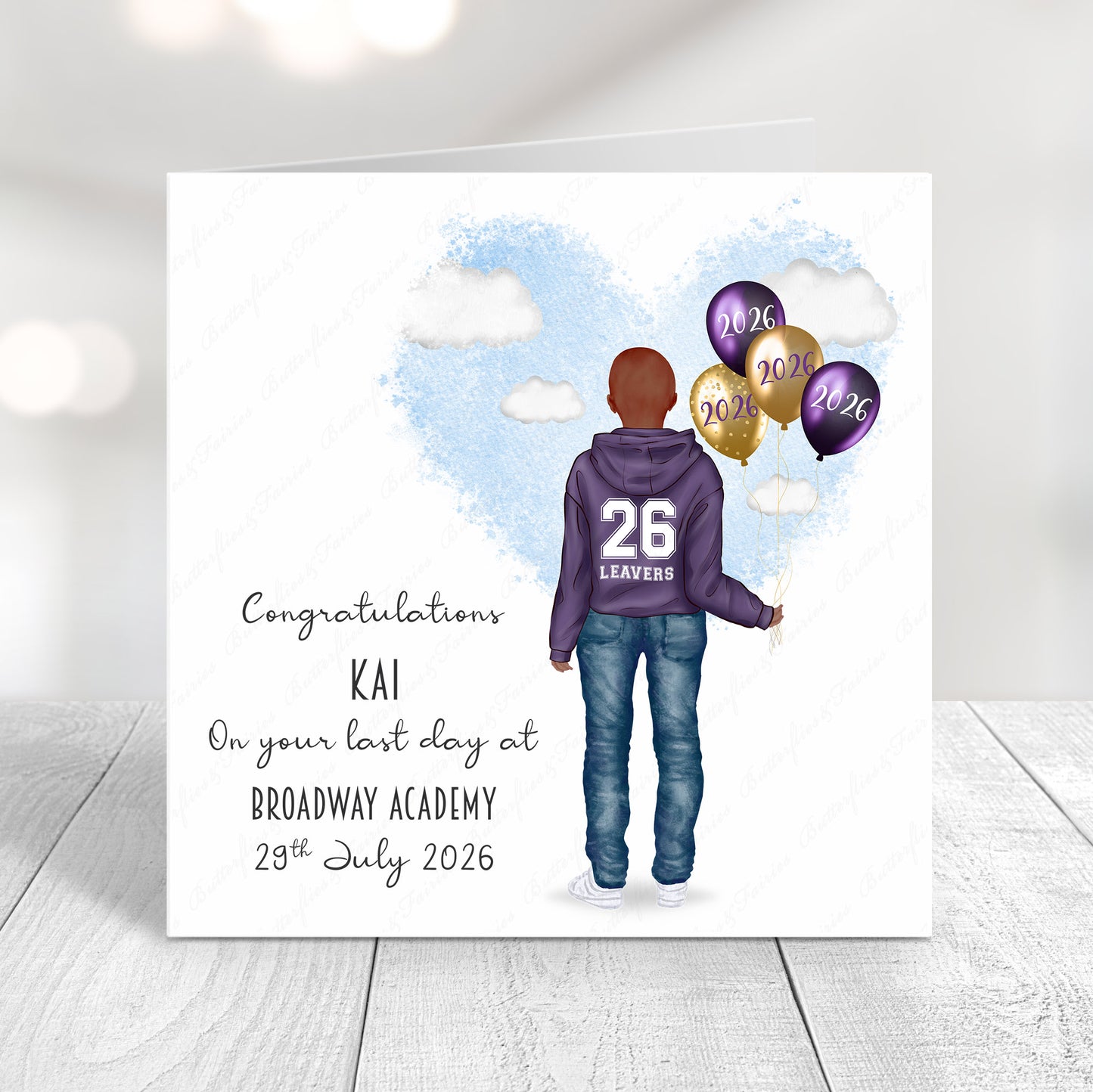 Personalised School Leaver Card 2026 – Boy with Purple Leavers Hoodie | Last Day of School Card
