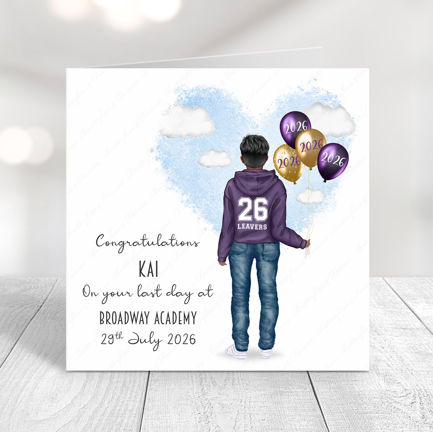 Personalised School Leaver Card 2026 – Boy with Purple Leavers Hoodie | Last Day of School Card