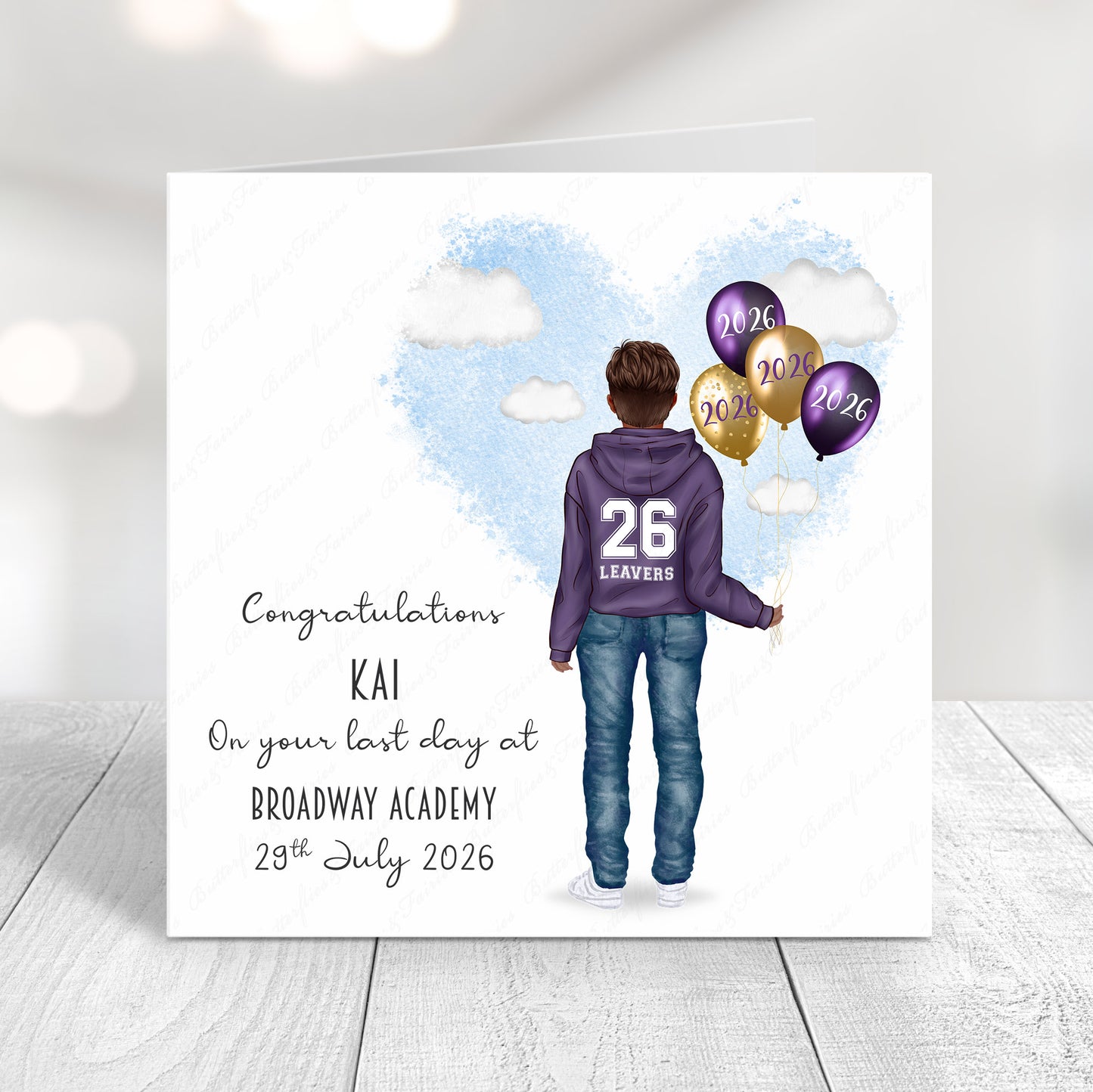 Personalised School Leaver Card 2026 – Boy with Purple Leavers Hoodie | Last Day of School Card