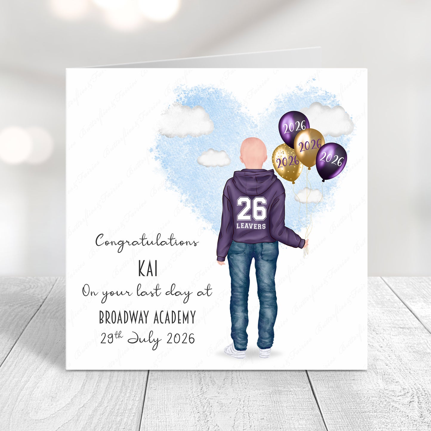 Personalised School Leaver Card 2026 – Boy with Purple Leavers Hoodie | Last Day of School Card