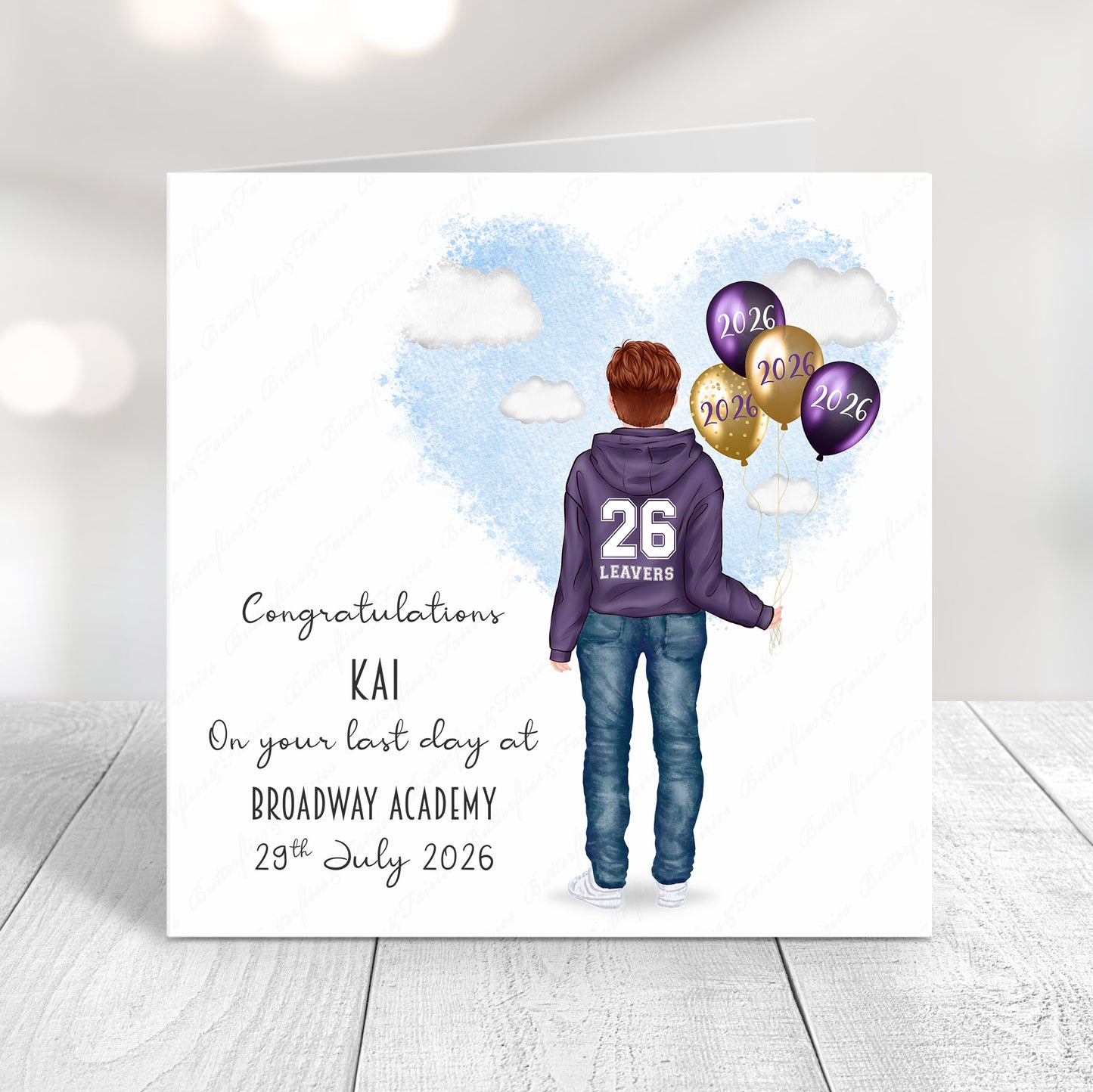 Personalised School Leaver Card 2026 – Boy with Purple Leavers Hoodie | Last Day of School Card