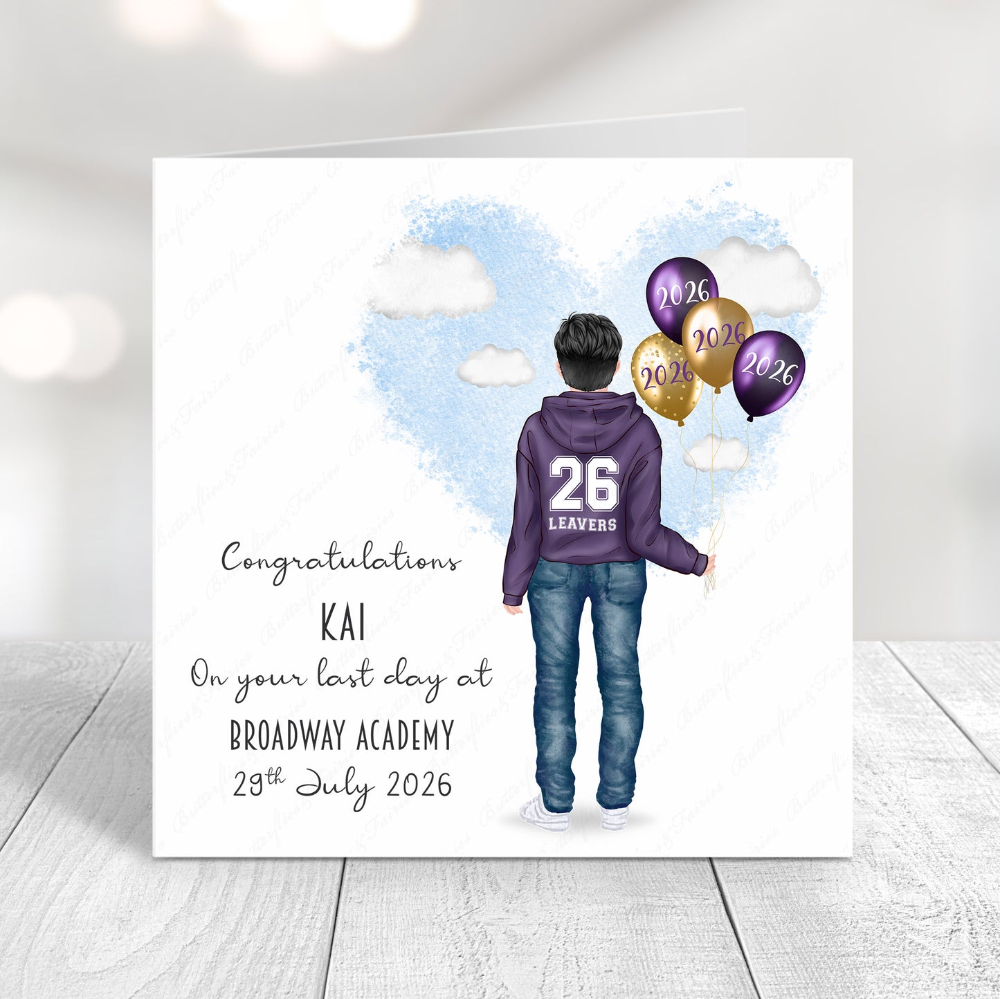 Personalised School Leaver Card 2026 – Boy with Purple Leavers Hoodie | Last Day of School Card