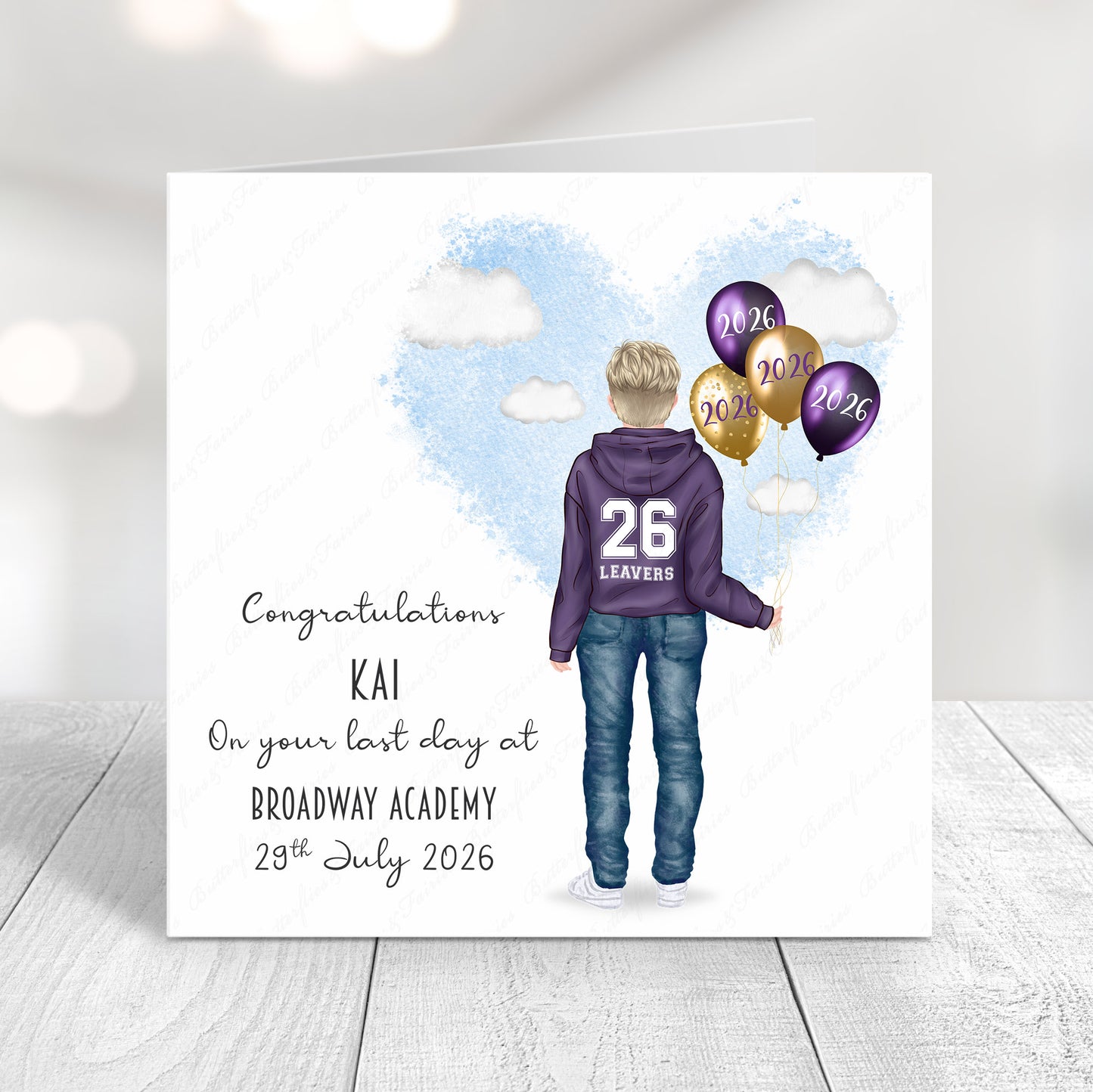 Personalised School Leaver Card 2026 – Boy with Purple Leavers Hoodie | Last Day of School Card