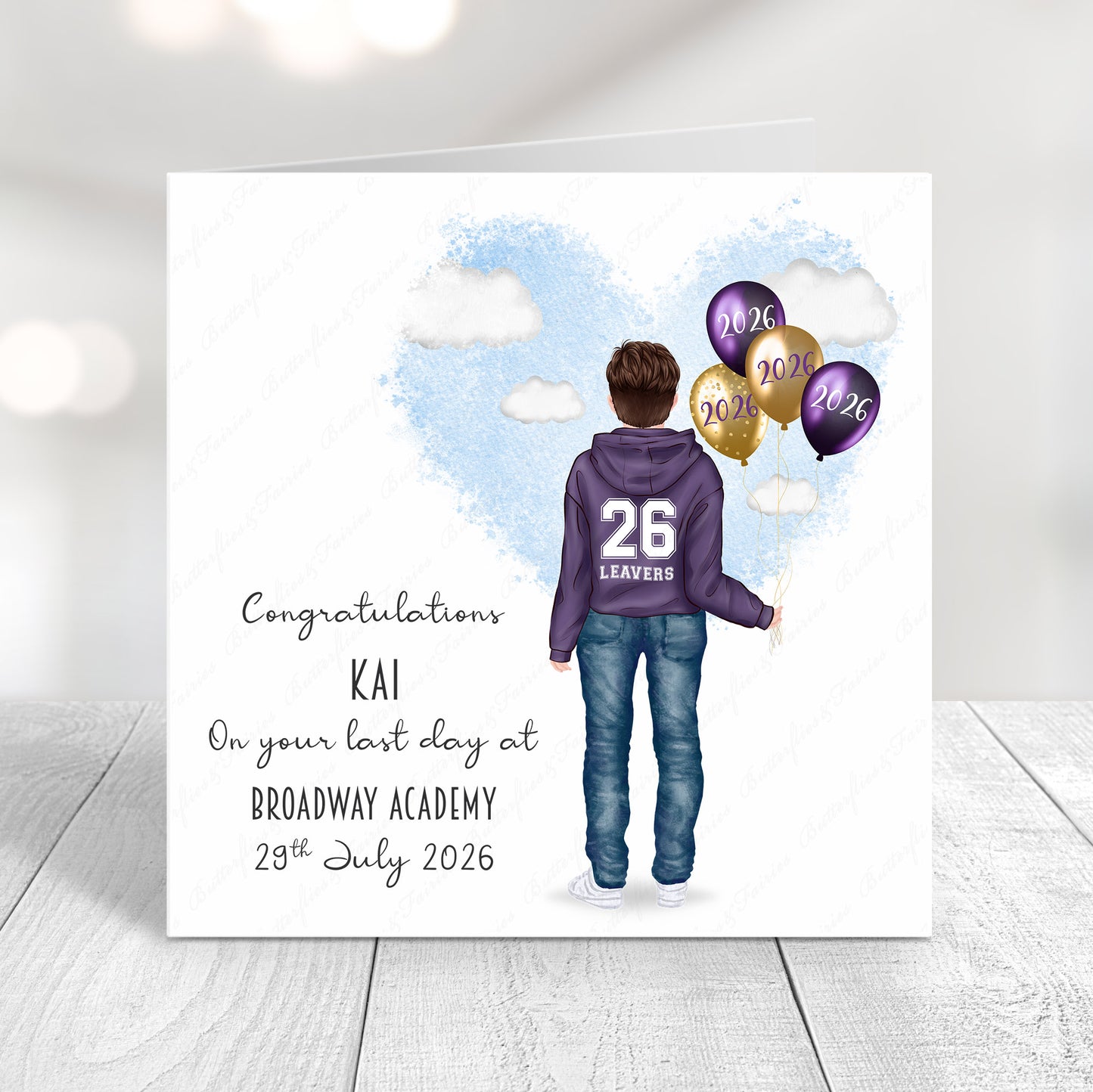 Personalised School Leaver Card 2026 – Boy with Purple Leavers Hoodie | Last Day of School Card