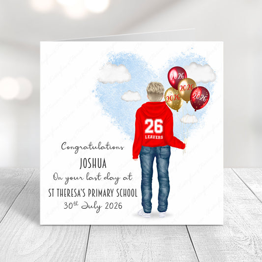 Personalised School Leaver Card 2026 – Boy with Red Leavers Hoodie | Last Day of School Card