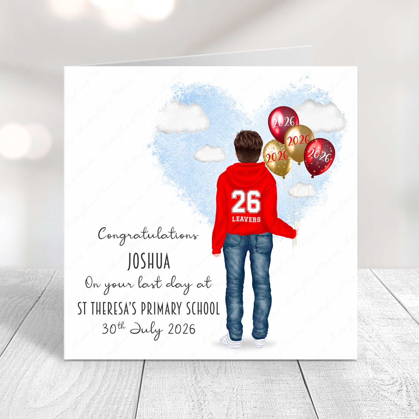 Personalised School Leaver Card 2026 – Boy with Red Leavers Hoodie | Last Day of School Card