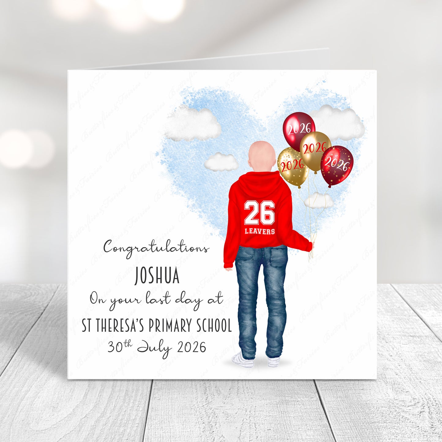 Personalised School Leaver Card 2026 – Boy with Red Leavers Hoodie | Last Day of School Card