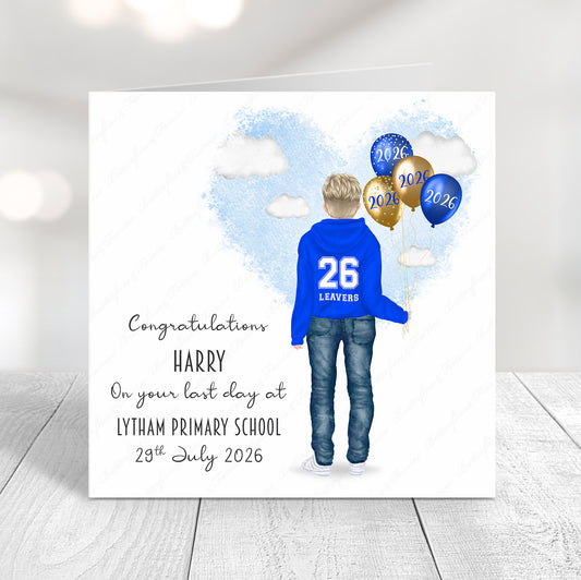 Personalised School Leaver Card 2026 – Boy with Royal Blue Leavers Hoodie | Last Day of School Card