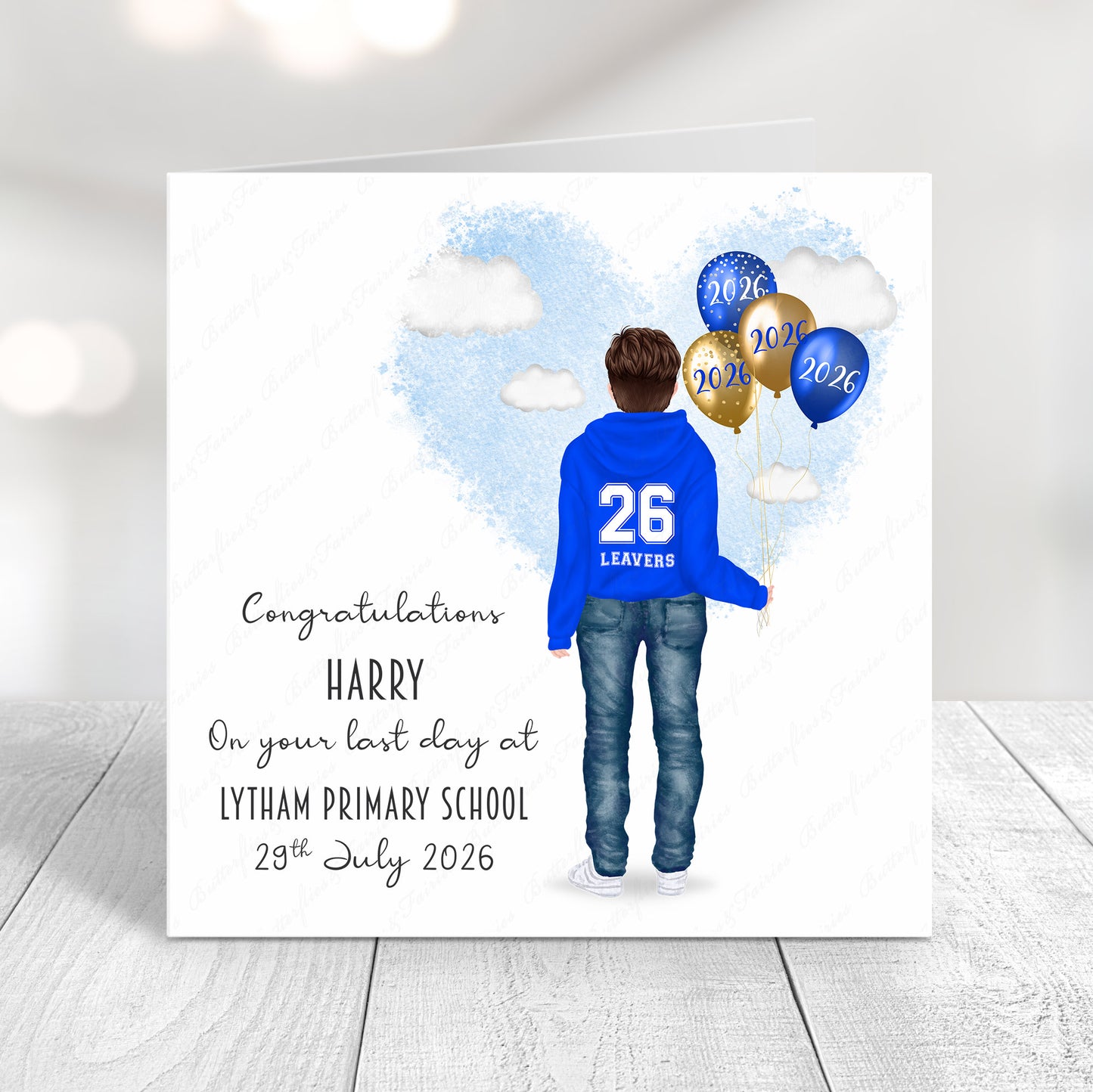 Personalised School Leaver Card 2026 – Boy with Royal Blue Leavers Hoodie | Last Day of School Card