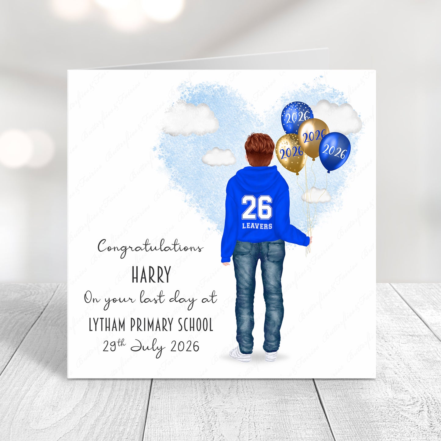 Personalised School Leaver Card 2026 – Boy with Royal Blue Leavers Hoodie | Last Day of School Card