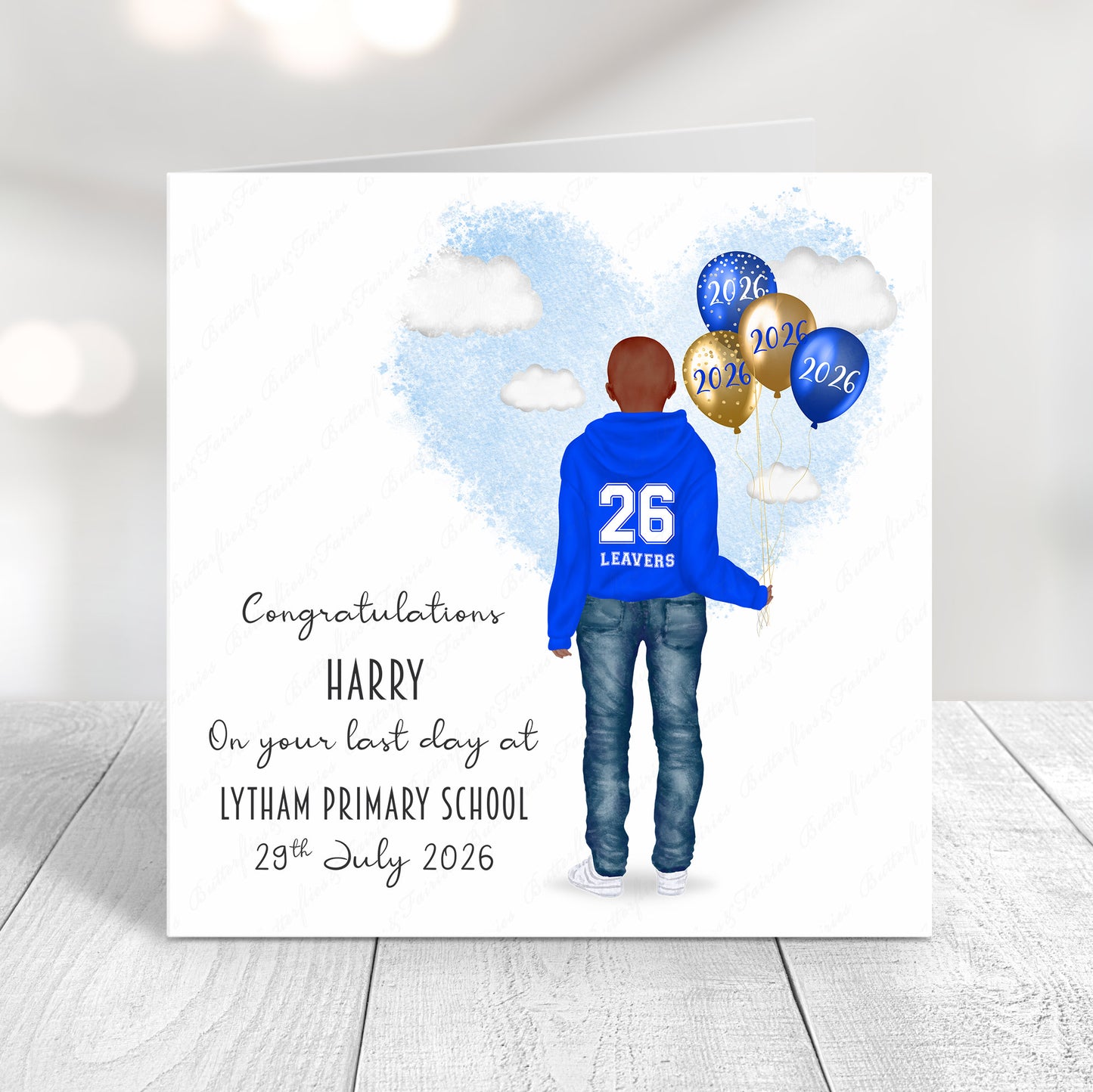 Personalised School Leaver Card 2026 – Boy with Royal Blue Leavers Hoodie | Last Day of School Card