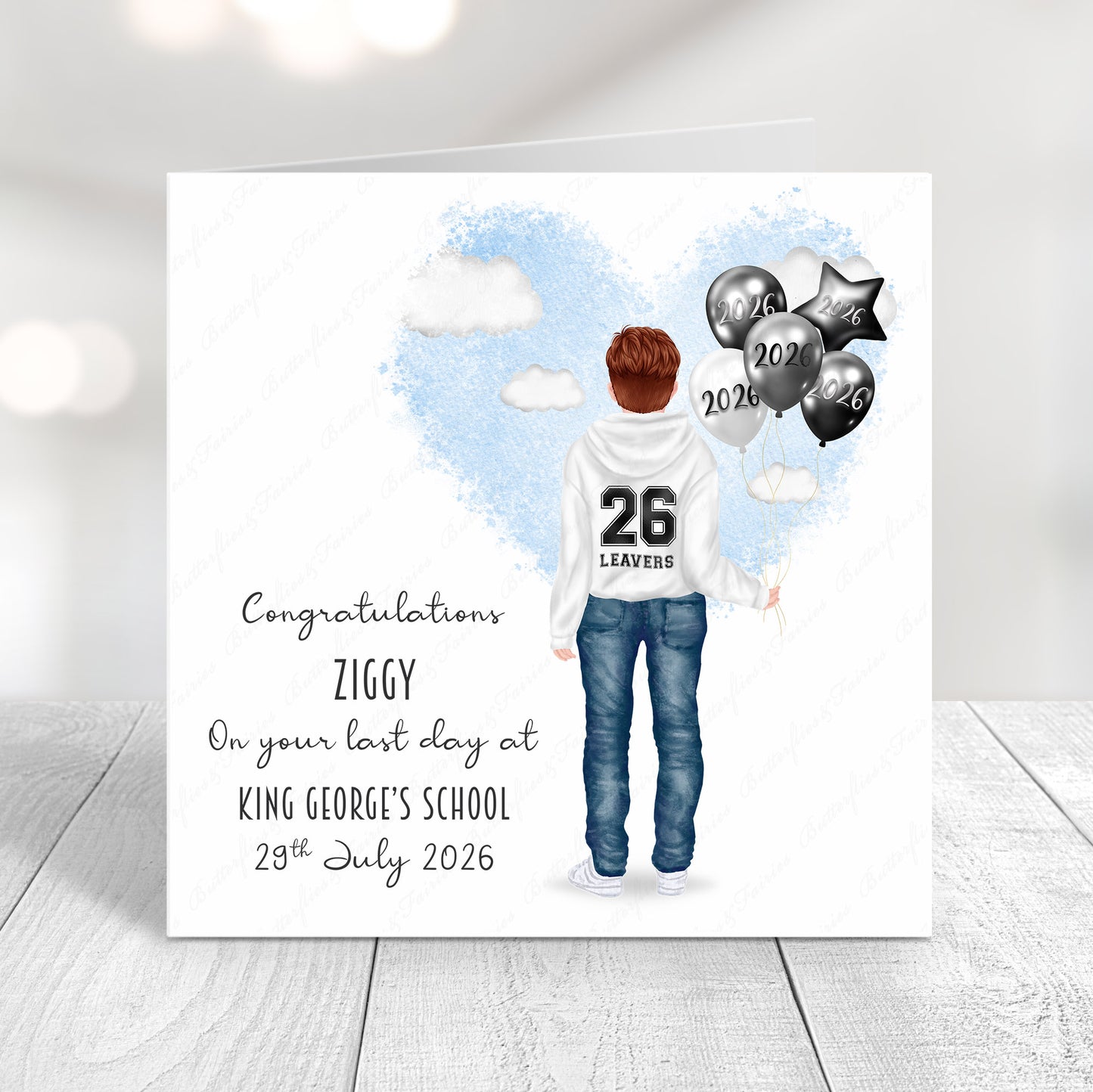Personalised School Leaver Card 2026 – Boy with White Leavers Hoodie | Last Day of School Card