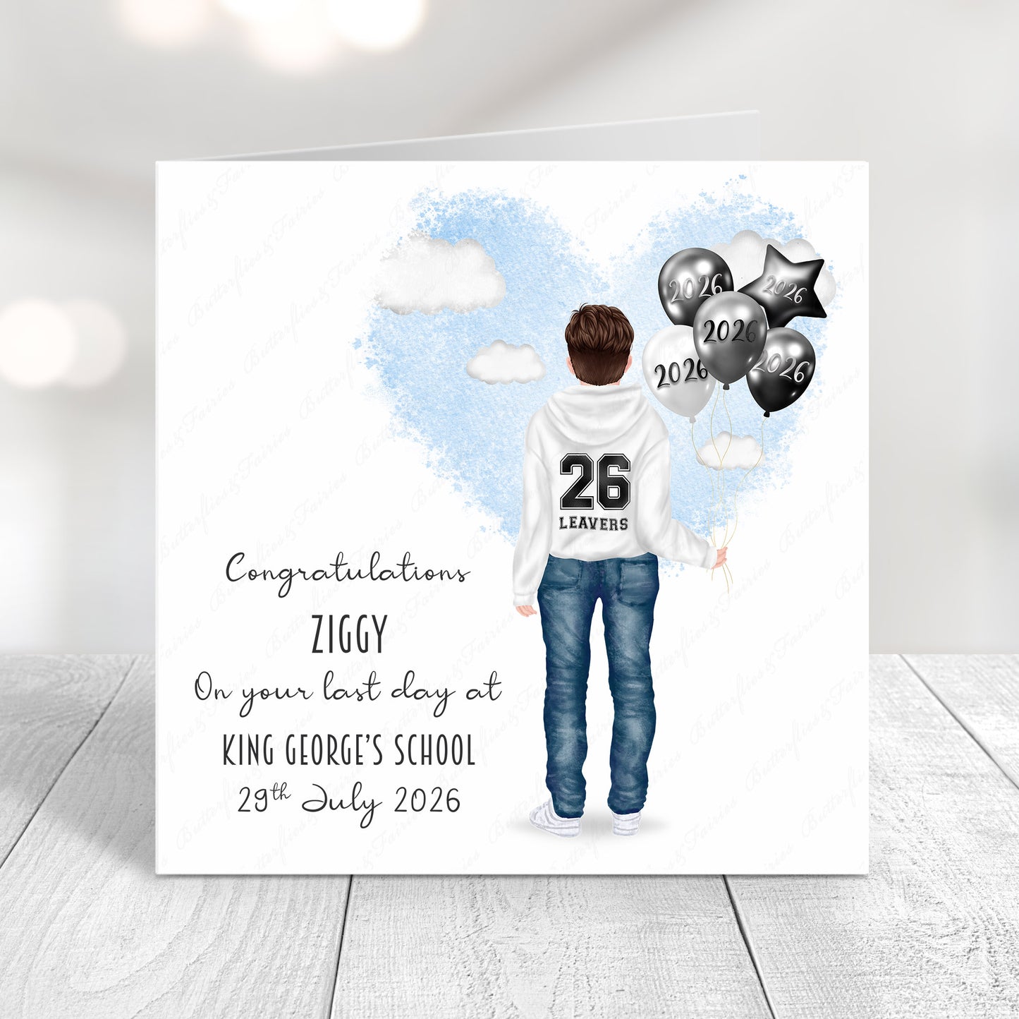 Personalised School Leaver Card 2026 – Boy with White Leavers Hoodie | Last Day of School Card