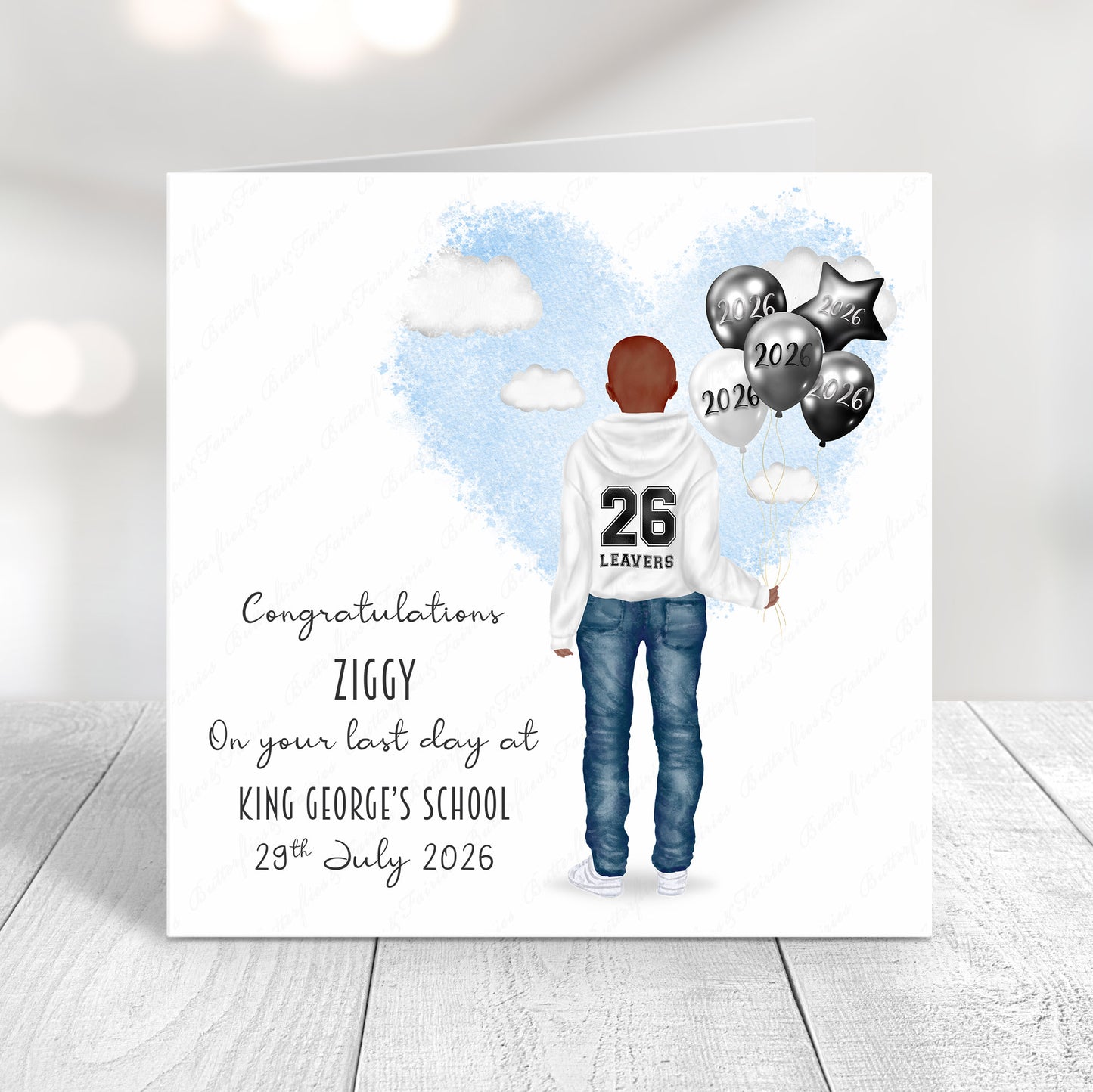Personalised School Leaver Card 2026 – Boy with White Leavers Hoodie | Last Day of School Card