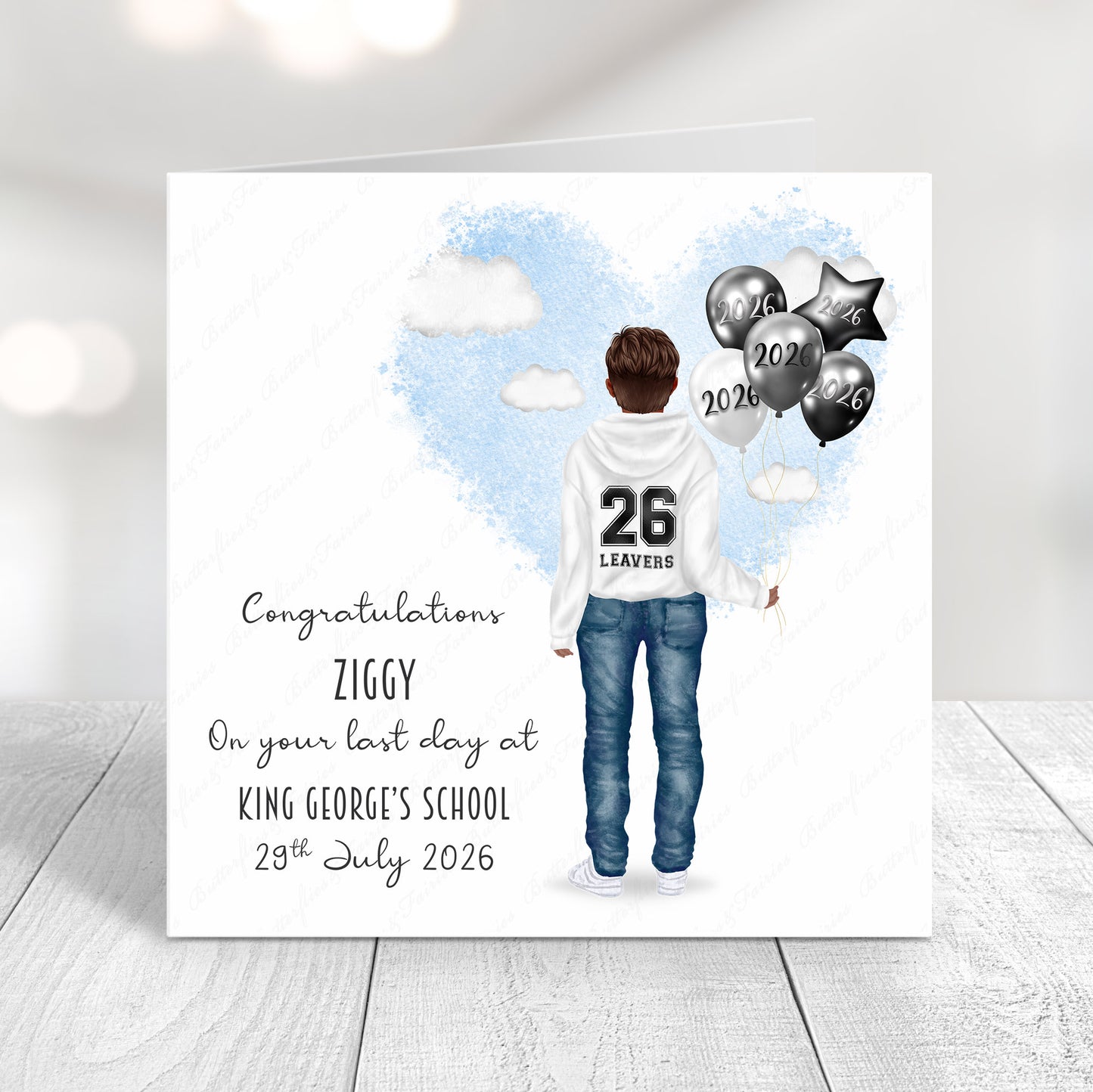 Personalised School Leaver Card 2026 – Boy with White Leavers Hoodie | Last Day of School Card