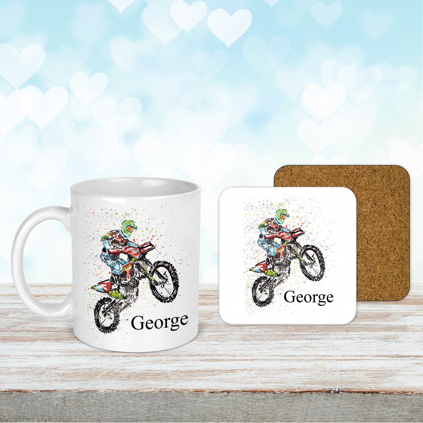 Personalised Watercolour Motocross Mug & Coaster Set