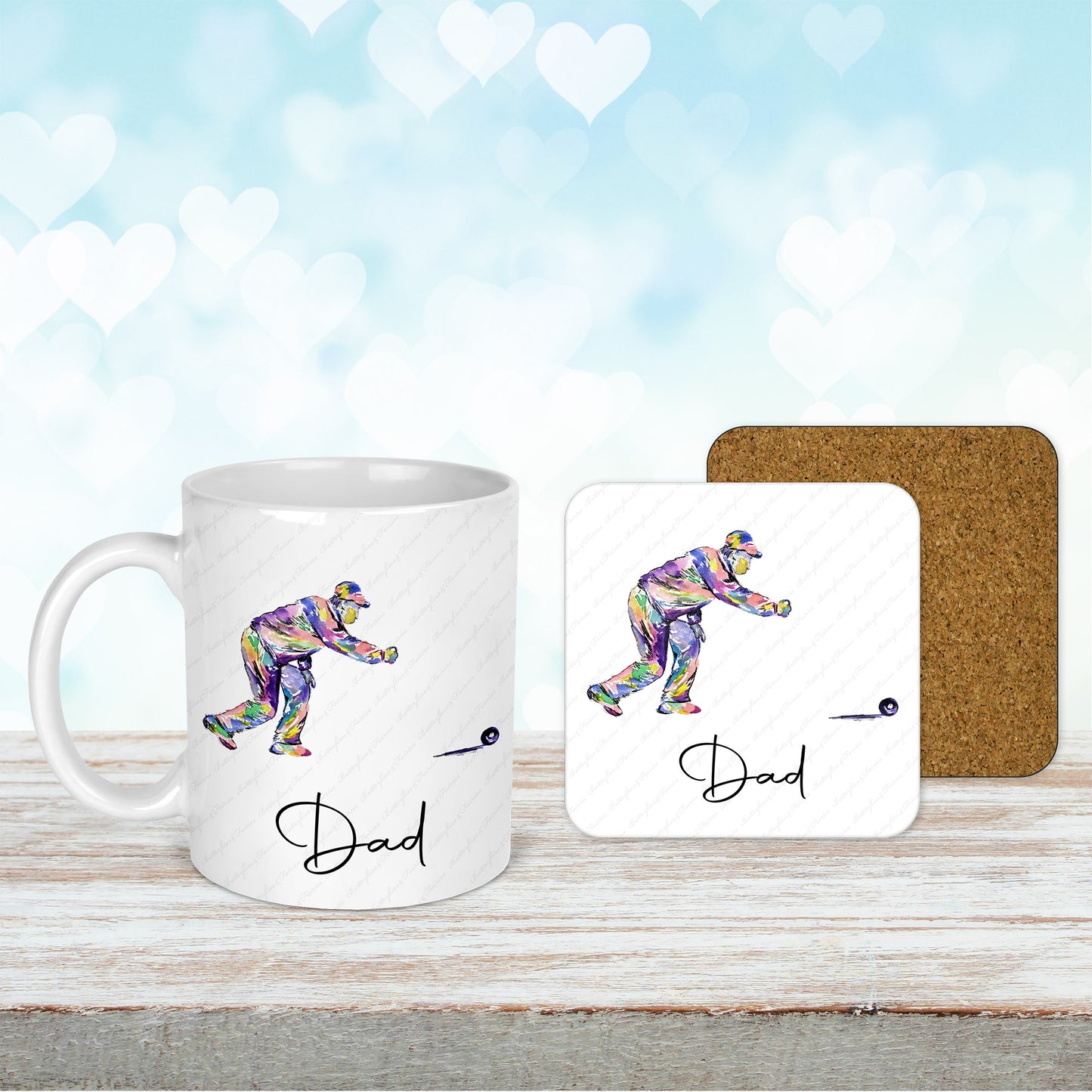 Personalised Watercolour Crown Green Bowls Mug and Coaster Set