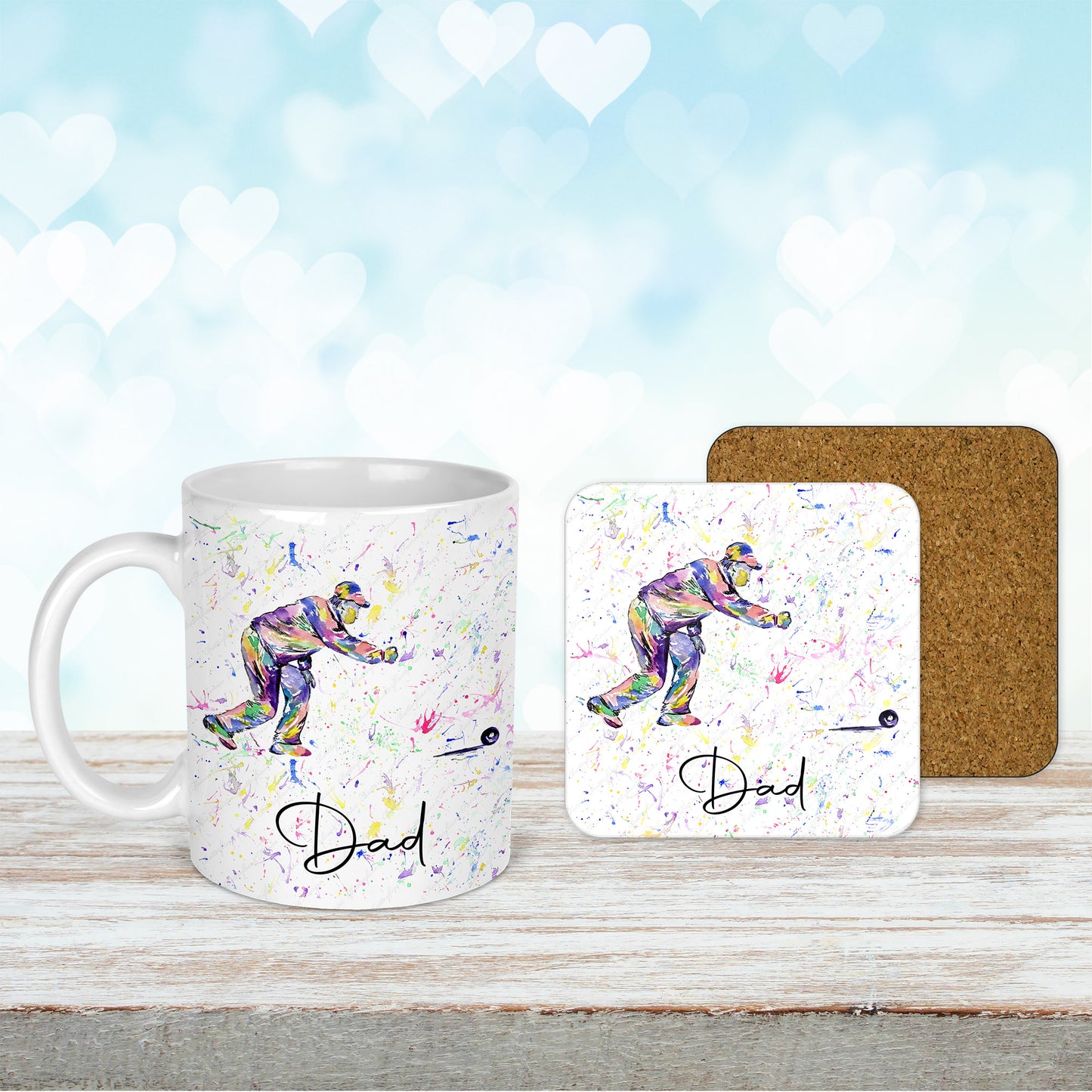 Personalised Watercolour Crown Green Bowls Mug and Coaster Set