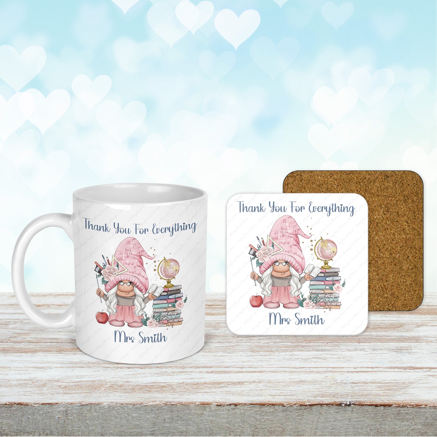 Personalised Gnome Thank You Mug & Coaster Set for a Female Teacher