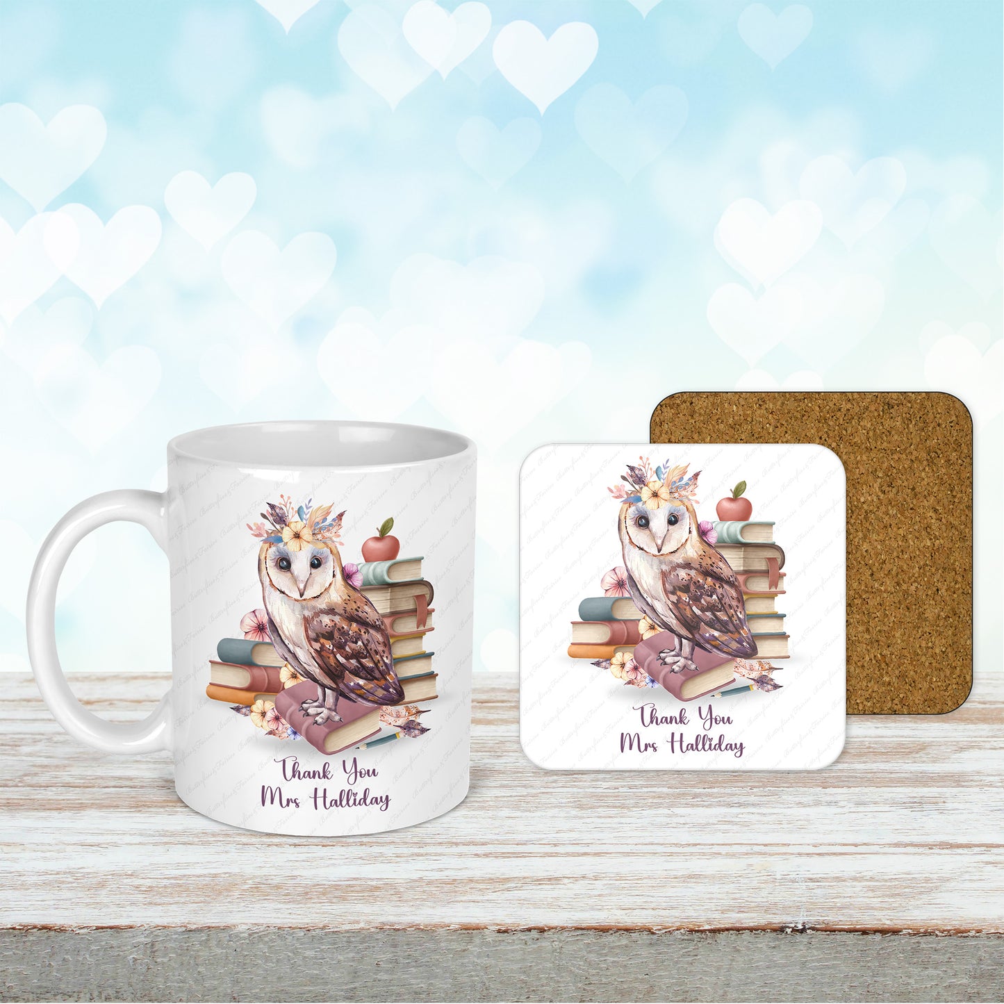 Personalised Owl Thank You Mug & Coaster Set for a Female Teacher