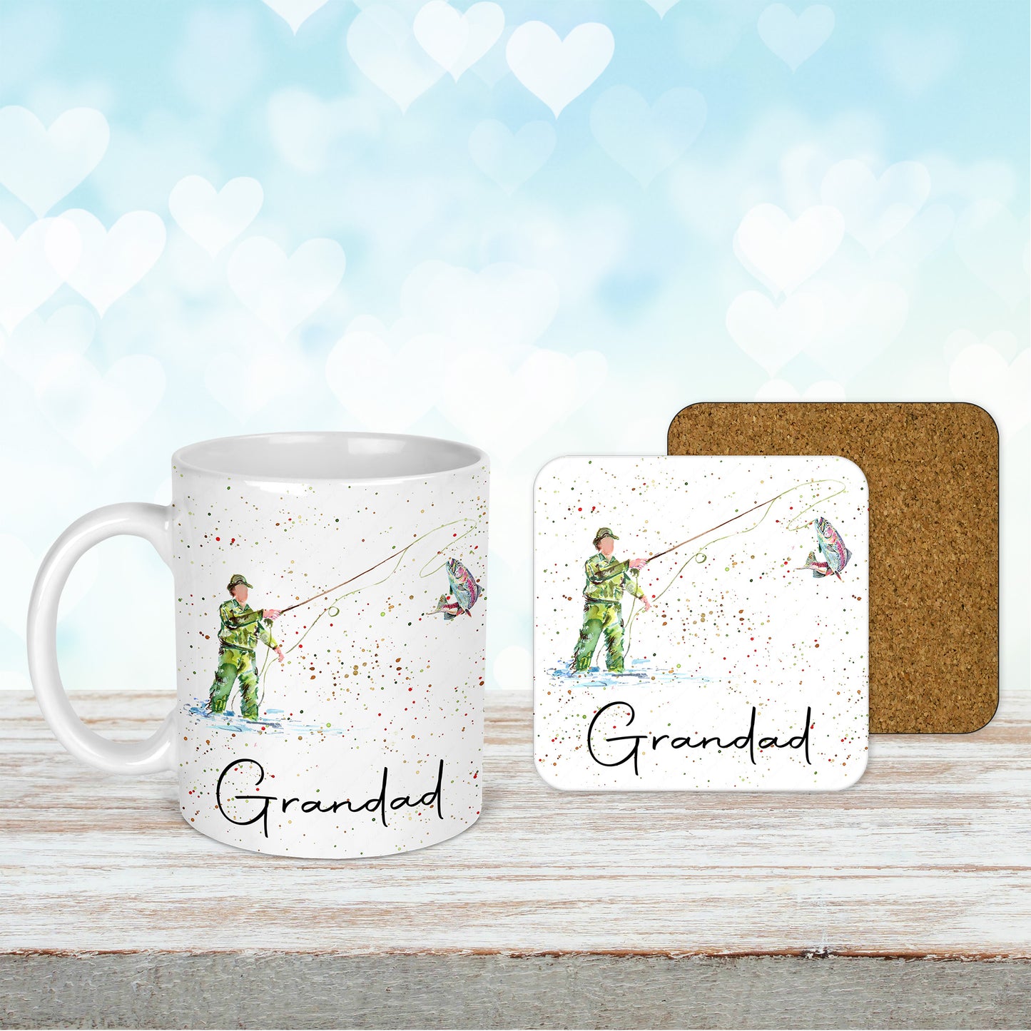 Personalised Watercolour Fishing Fisherman Mug and Coaster Set