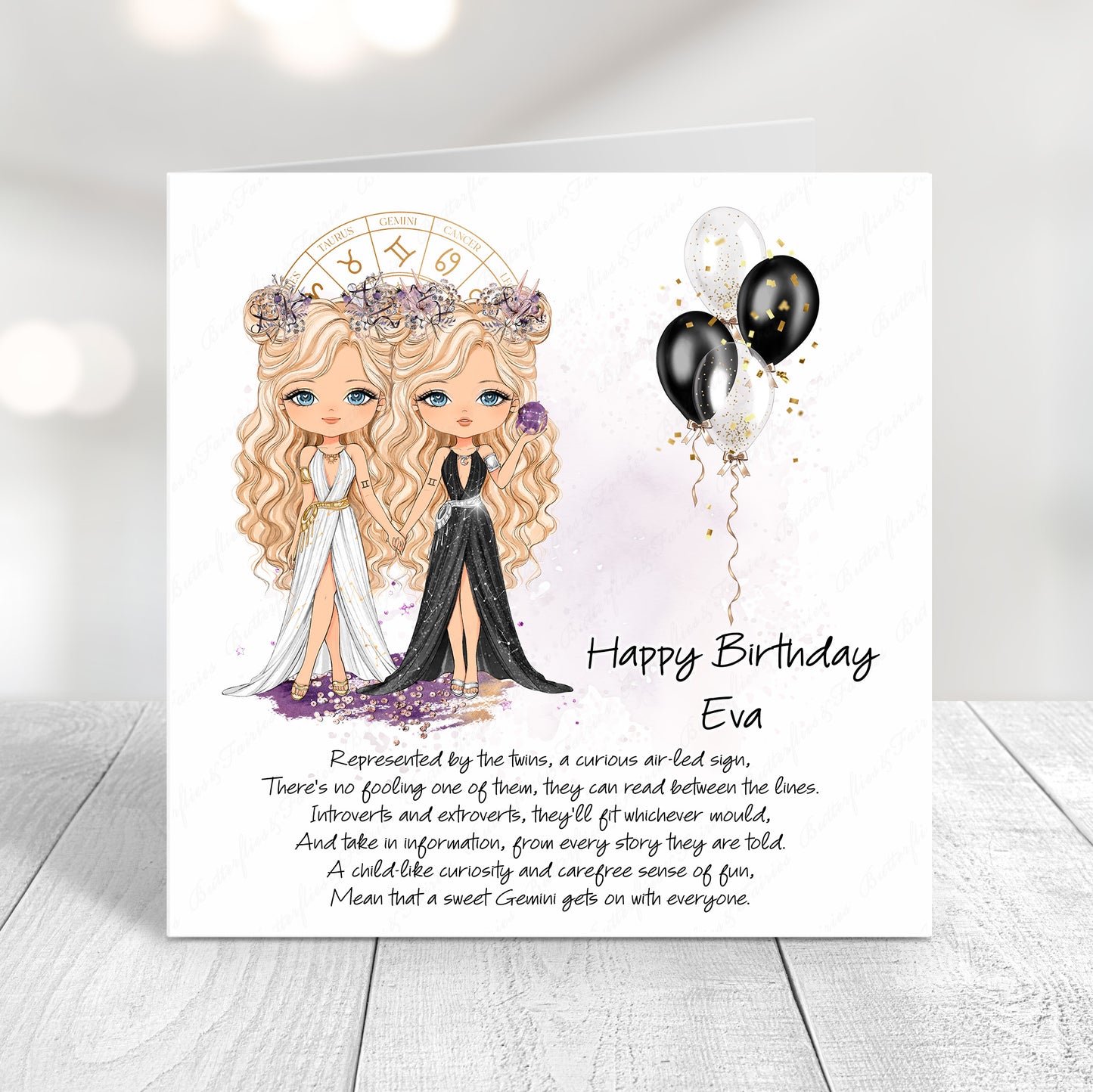 Personalised Gemini Zodiac Birthday Card – Astrology Star Sign Card – Air Sign Birthday Card