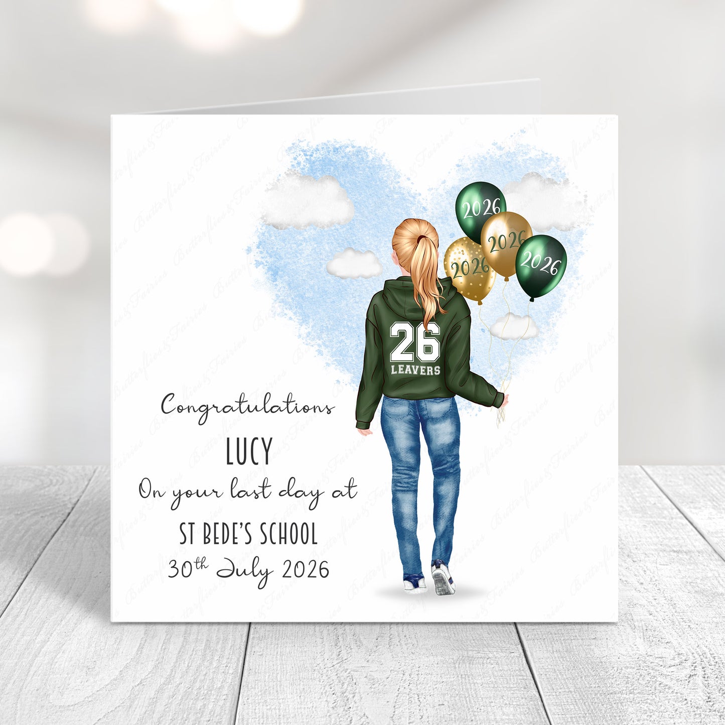 Personalised School Leaver Card 2026 – Girl with Green Leavers Hoodie | Last Day of School Card