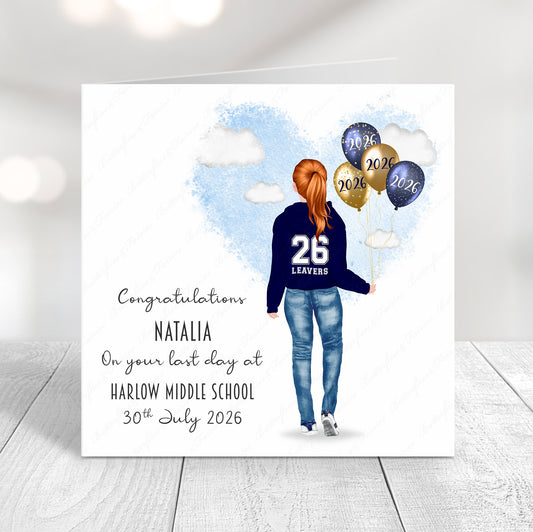 Personalised School Leaver Card 2026 – Girl with Navy Blue Leavers Hoodie | Last Day of School Card