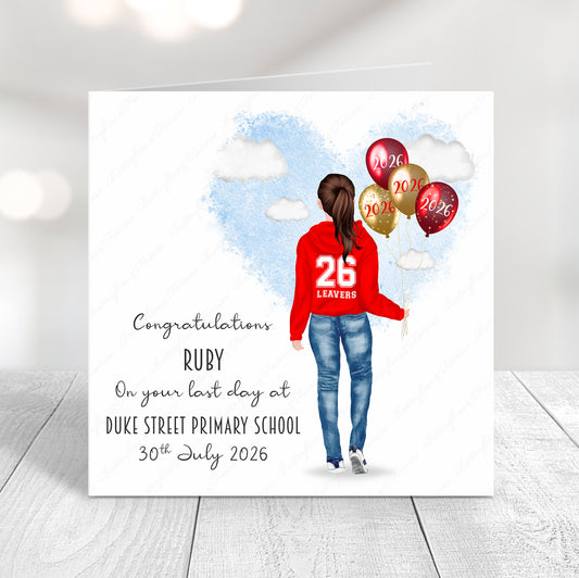 Personalised School Leaver Card 2026 – Girl with Red Leavers Hoodie | Last Day of School Card