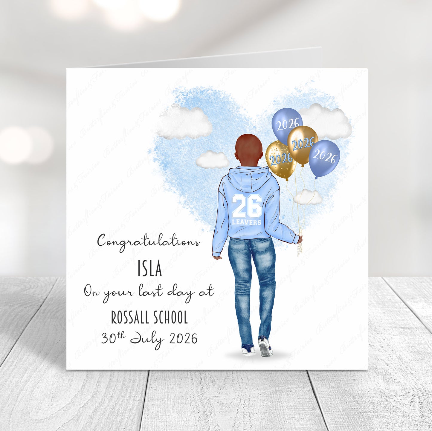 Personalised School Leaver Card 2026 – Girl with Baby Blue Leavers Hoodie | Last Day of School Card