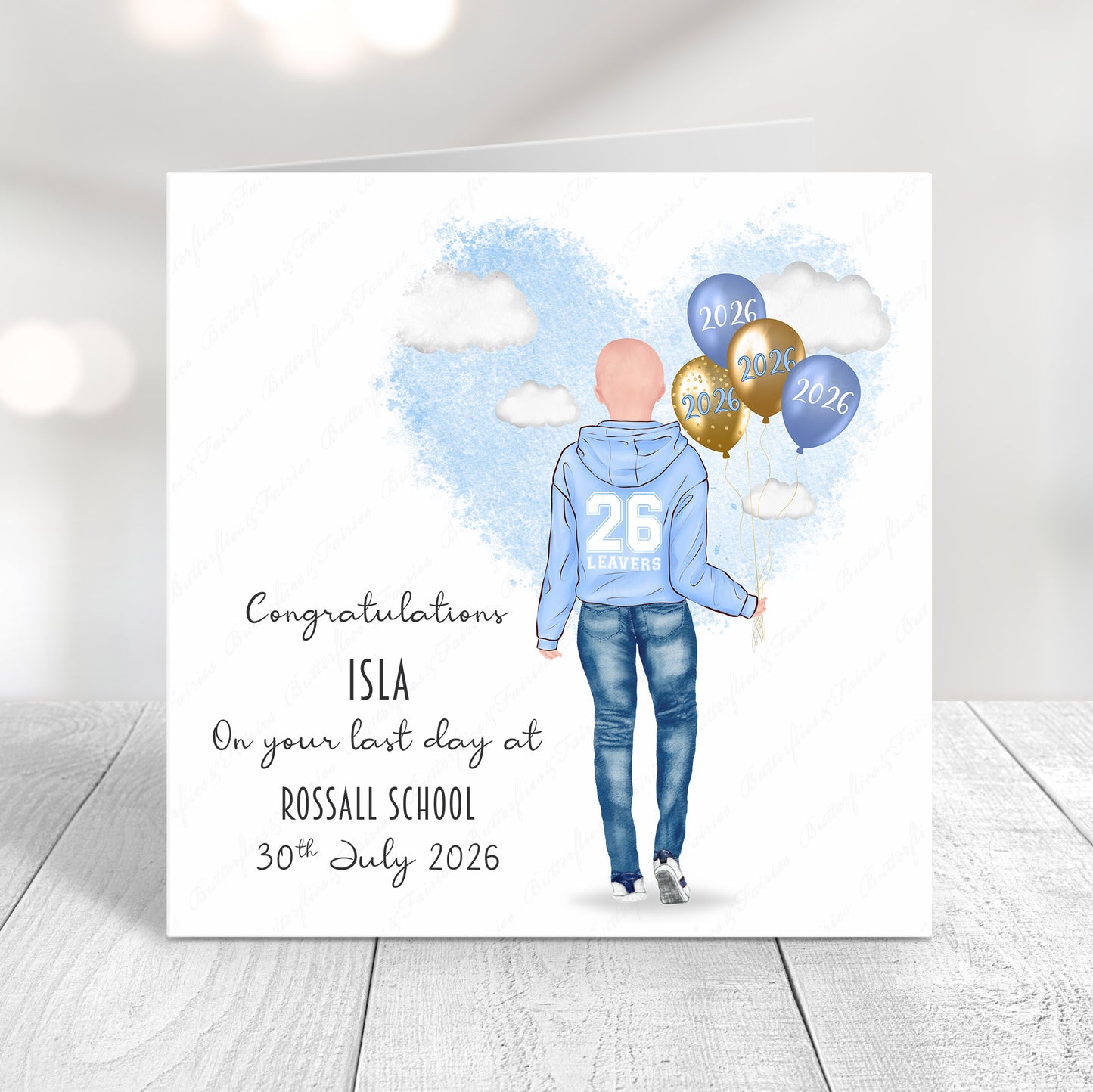 Personalised School Leaver Card 2026 – Girl with Baby Blue Leavers Hoodie | Last Day of School Card