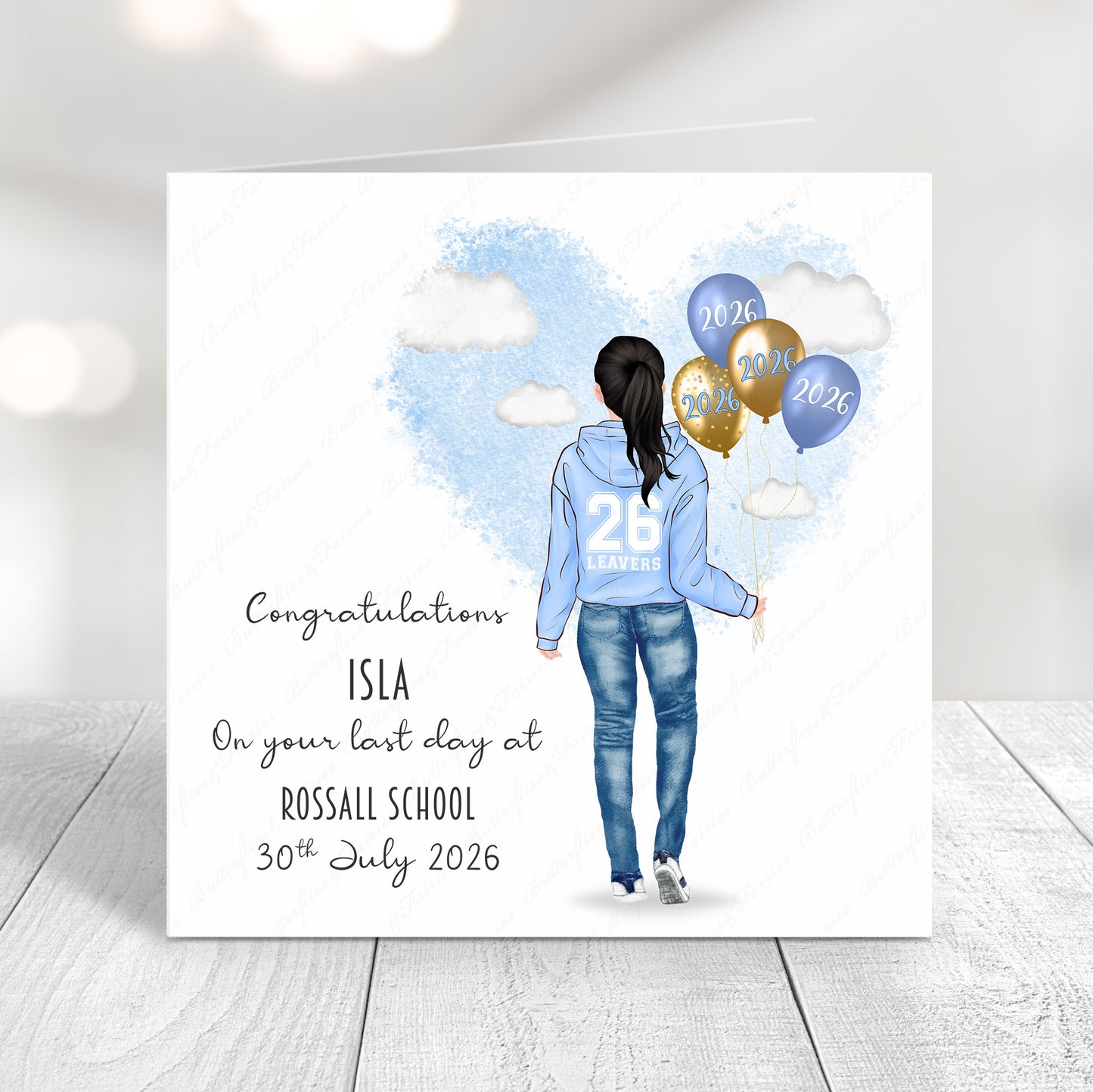 Personalised School Leaver Card 2026 – Girl with Baby Blue Leavers Hoodie | Last Day of School Card