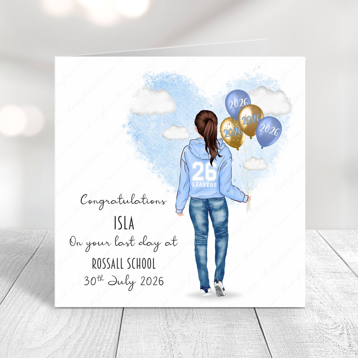 Personalised School Leaver Card 2026 – Girl with Baby Blue Leavers Hoodie | Last Day of School Card