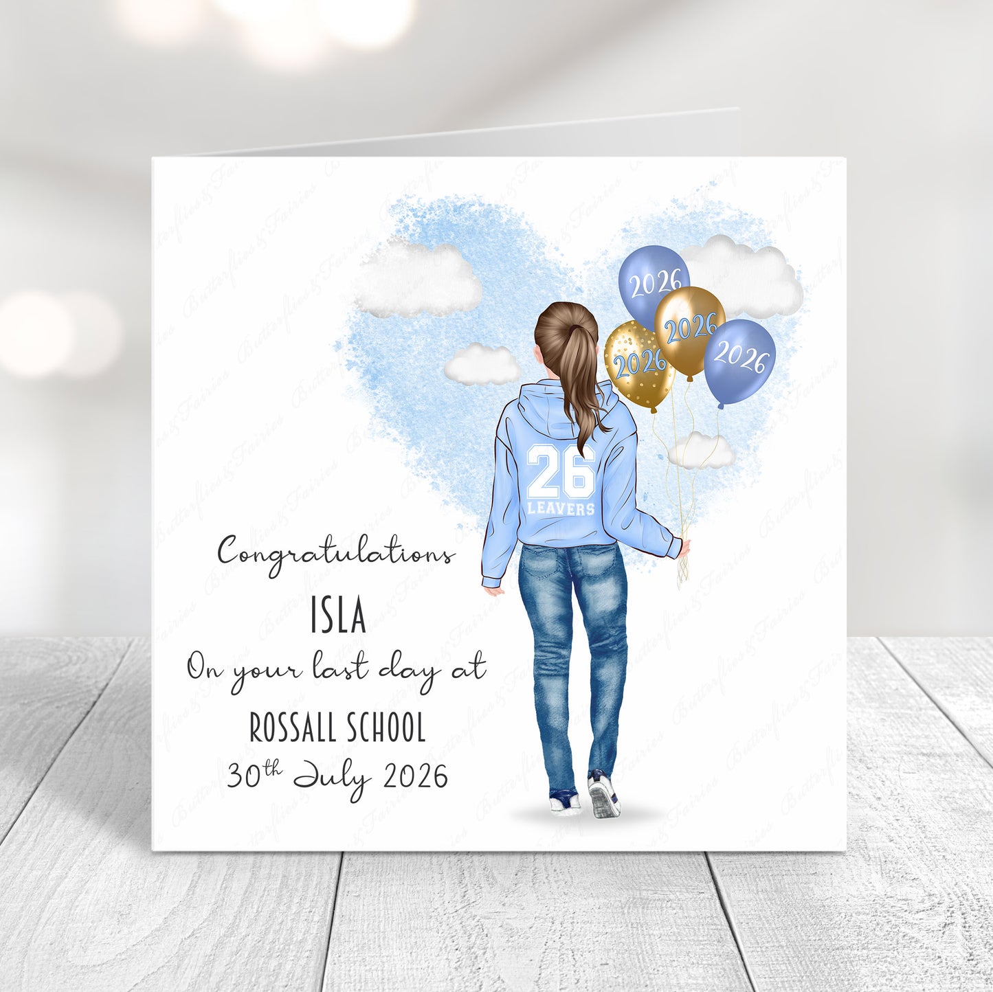 Personalised School Leaver Card 2026 – Girl with Baby Blue Leavers Hoodie | Last Day of School Card